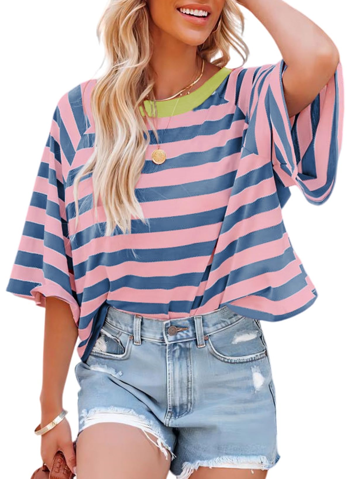 Dokotoo Tops for Women Striped 2026 Fashion T Shirts for Women Color Block Crewneck Design Loose Basic Tee