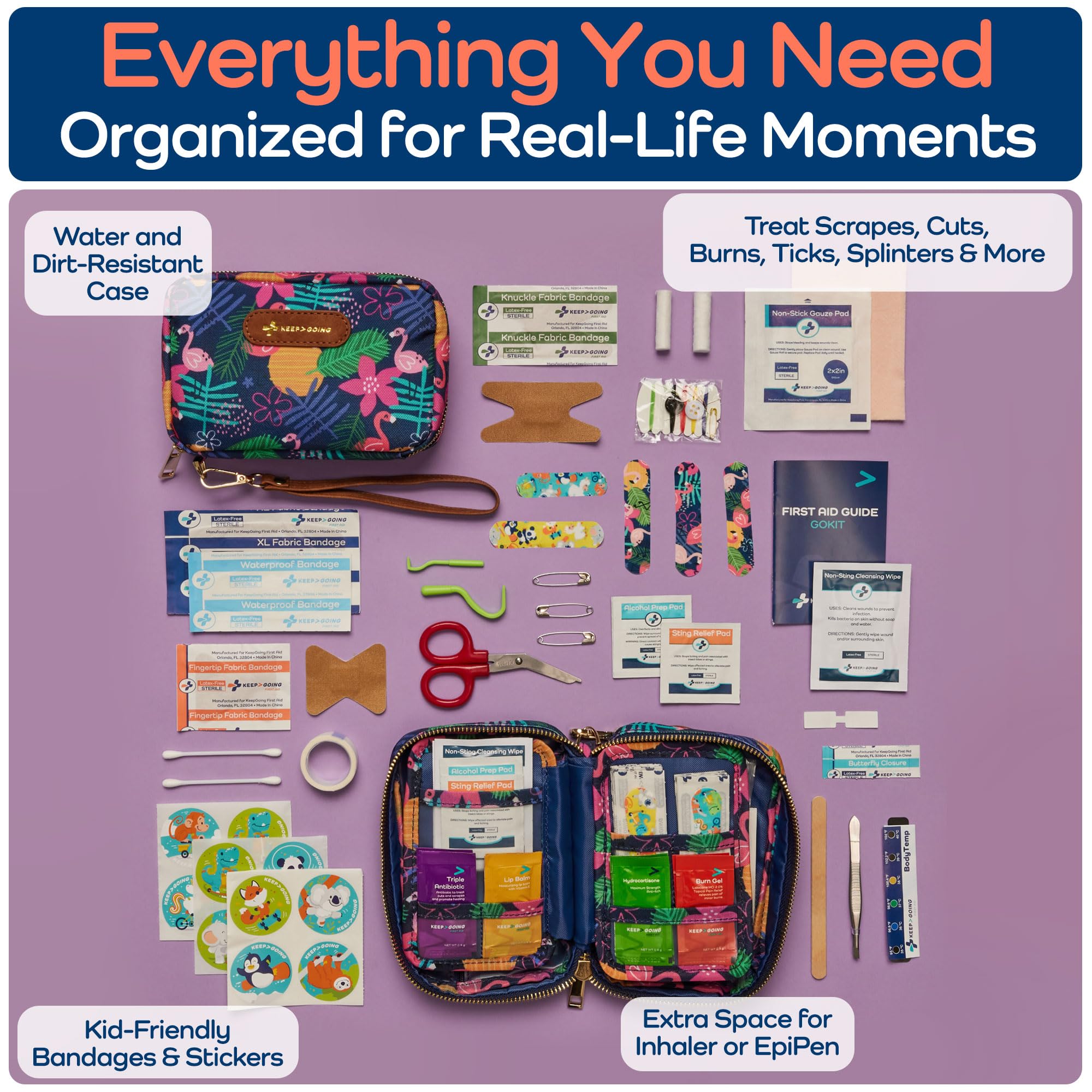 Keep Going Travel First Aid Kit for Kids – 130 Pc.for Purse, Diaper Bag, Backpack, & Suitcase, with Latex-Free Bandages – 7 x 5 x 2 in. Travel First Aid Kit TSA-Approved