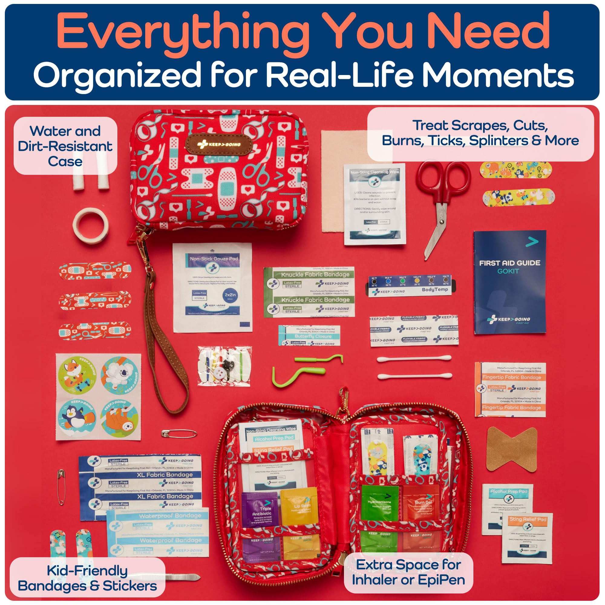 Keep Going Travel First Aid Kit for Kids – 130 Pc.for Purse, Diaper Bag, Backpack, & Suitcase, with Latex-Free Bandages – 7 x 5 x 2 in. Travel First Aid Kit TSA-Approved