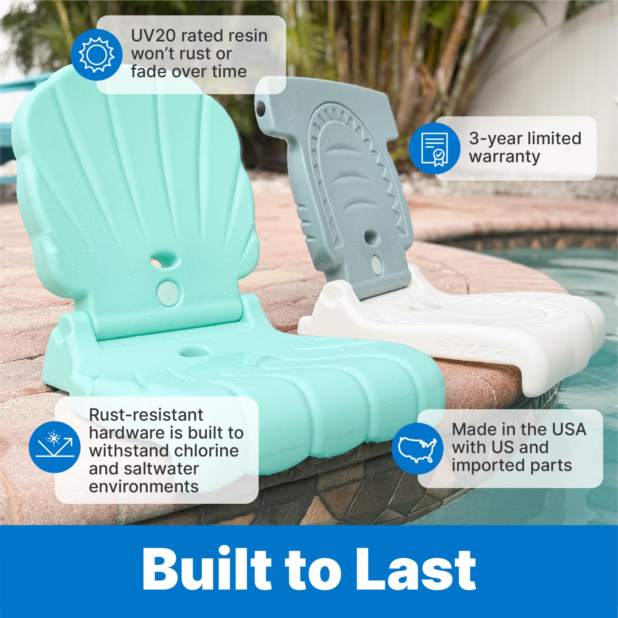 Step2 Kids Shell Flip Seat 2 Pack, Portable Outdoor Chair for Poolside, Camping, Beach, Stadium, Providing Back Support, Made of UV20 Durable Plastic, Mint