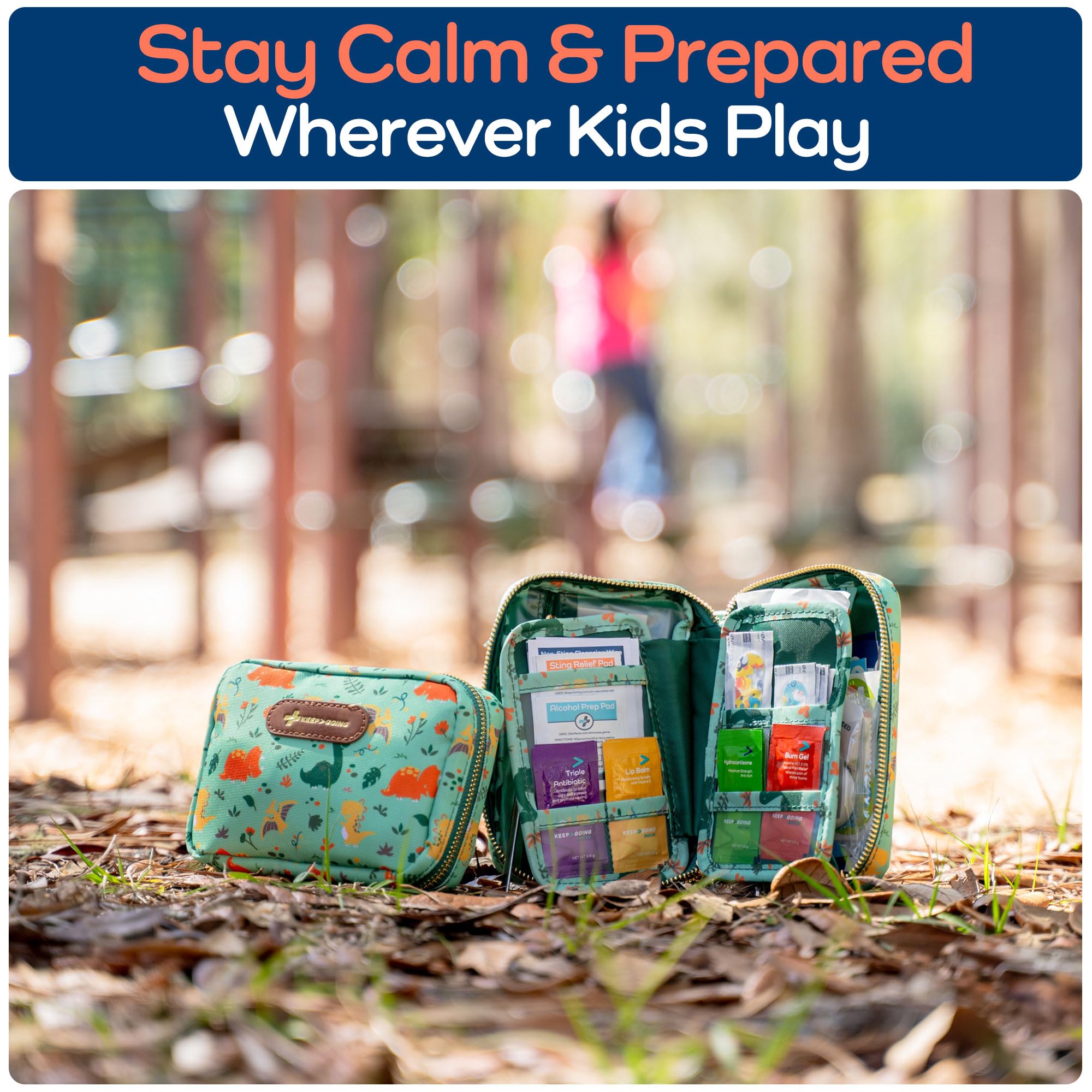 Keep Going Travel First Aid Kit for Kids – 130 Pc.for Purse, Diaper Bag, Backpack, & Suitcase, with Latex-Free Bandages – 7 x 5 x 2 in. Travel First Aid Kit TSA-Approved