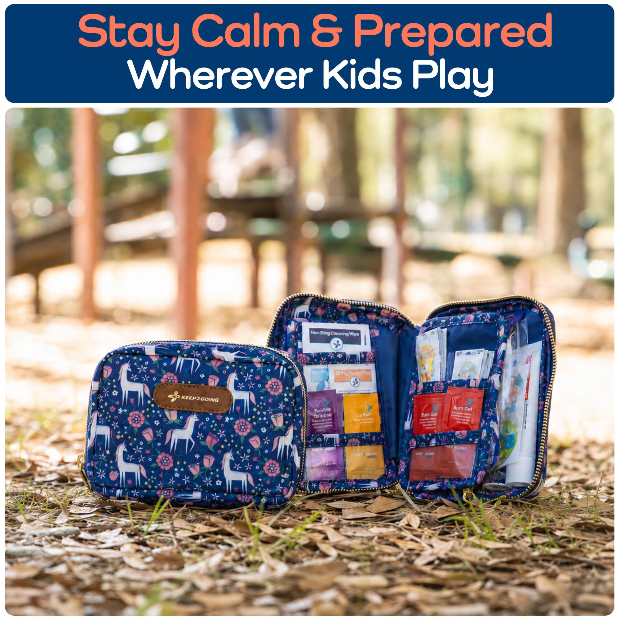 Keep Going Travel First Aid Kit for Kids – 130 Pc.for Purse, Diaper Bag, Backpack, & Suitcase, with Latex-Free Bandages – 7 x 5 x 2 in. Travel First Aid Kit TSA-Approved