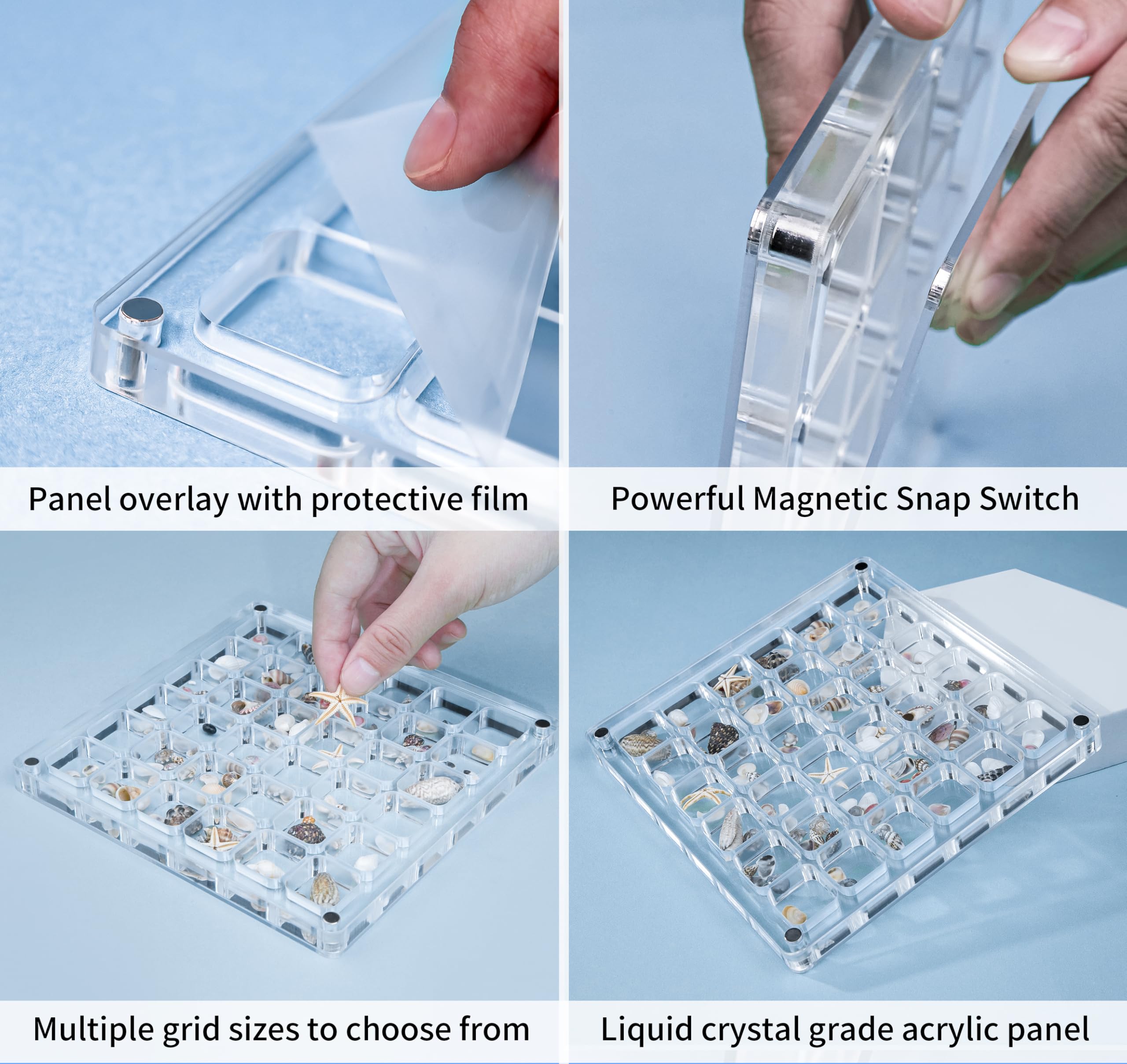 Multi-Style Clear Acrylic Magnetic Seashell Display Collecting Box, Acrylic Shadow Box for Tiny Treasure Hunting Seashell Holder Display Grid Cabinet Case Box,Display Seashell Jewelry Crystal