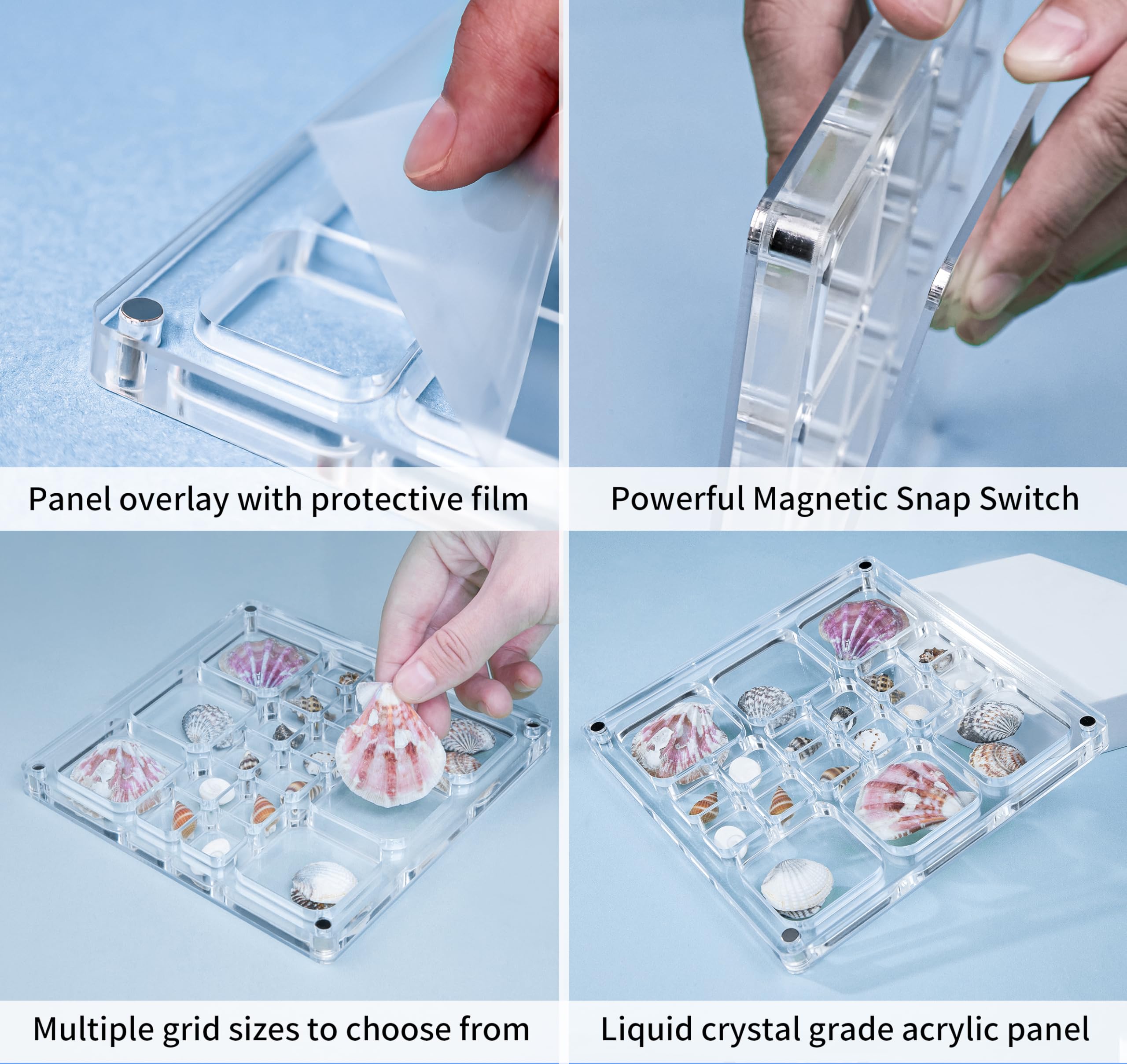 Multi-Style Clear Acrylic Magnetic Seashell Display Collecting Box, Acrylic Shadow Box for Tiny Treasure Hunting Seashell Holder Display Grid Cabinet Case Box,Display Seashell Jewelry Crystal