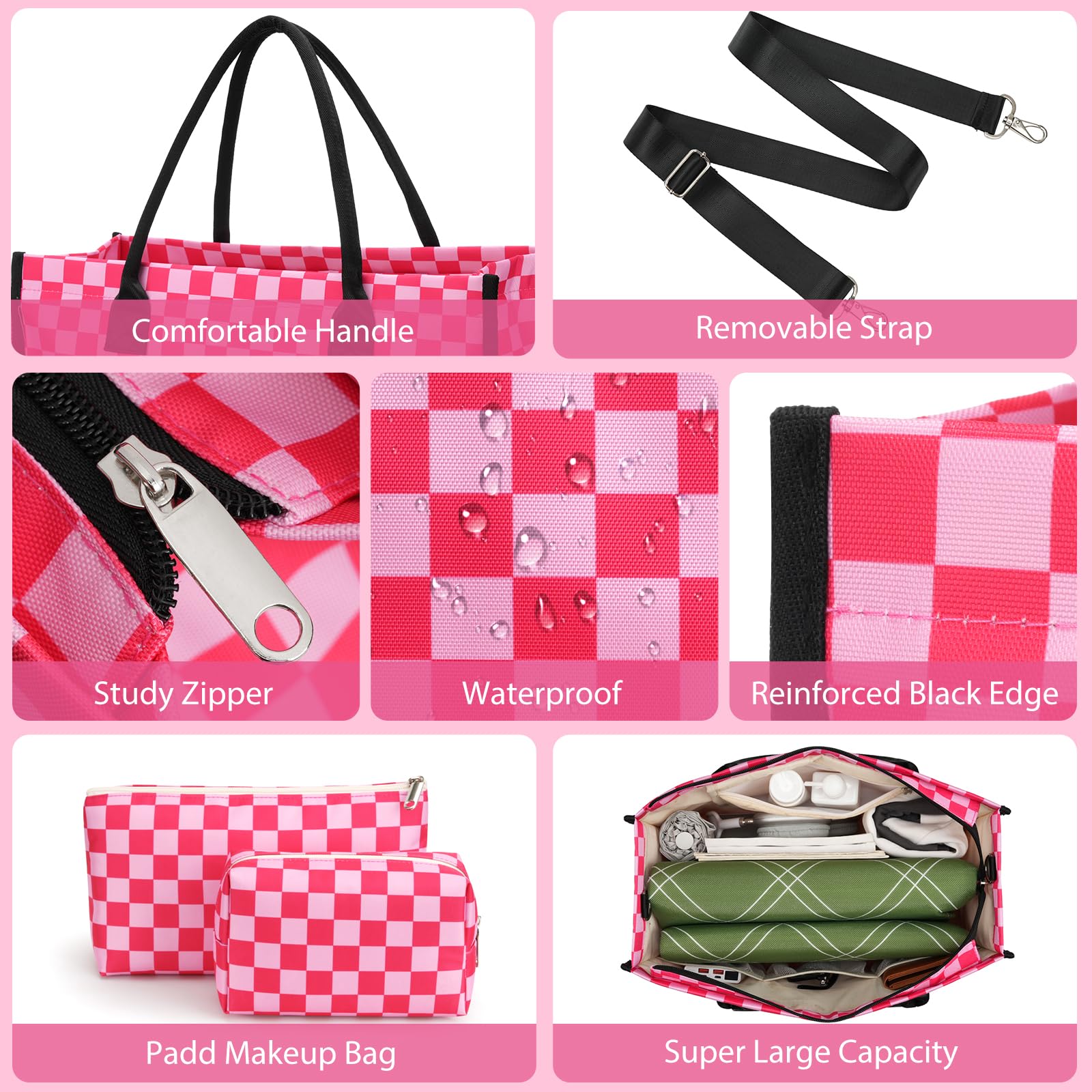 ZUBOND Beach Tote Bags for Women 3 Pack, Large Trave Tote Bag with 2 Makeup Bags, Trendy Gingham Fashion Handbags Work Bag