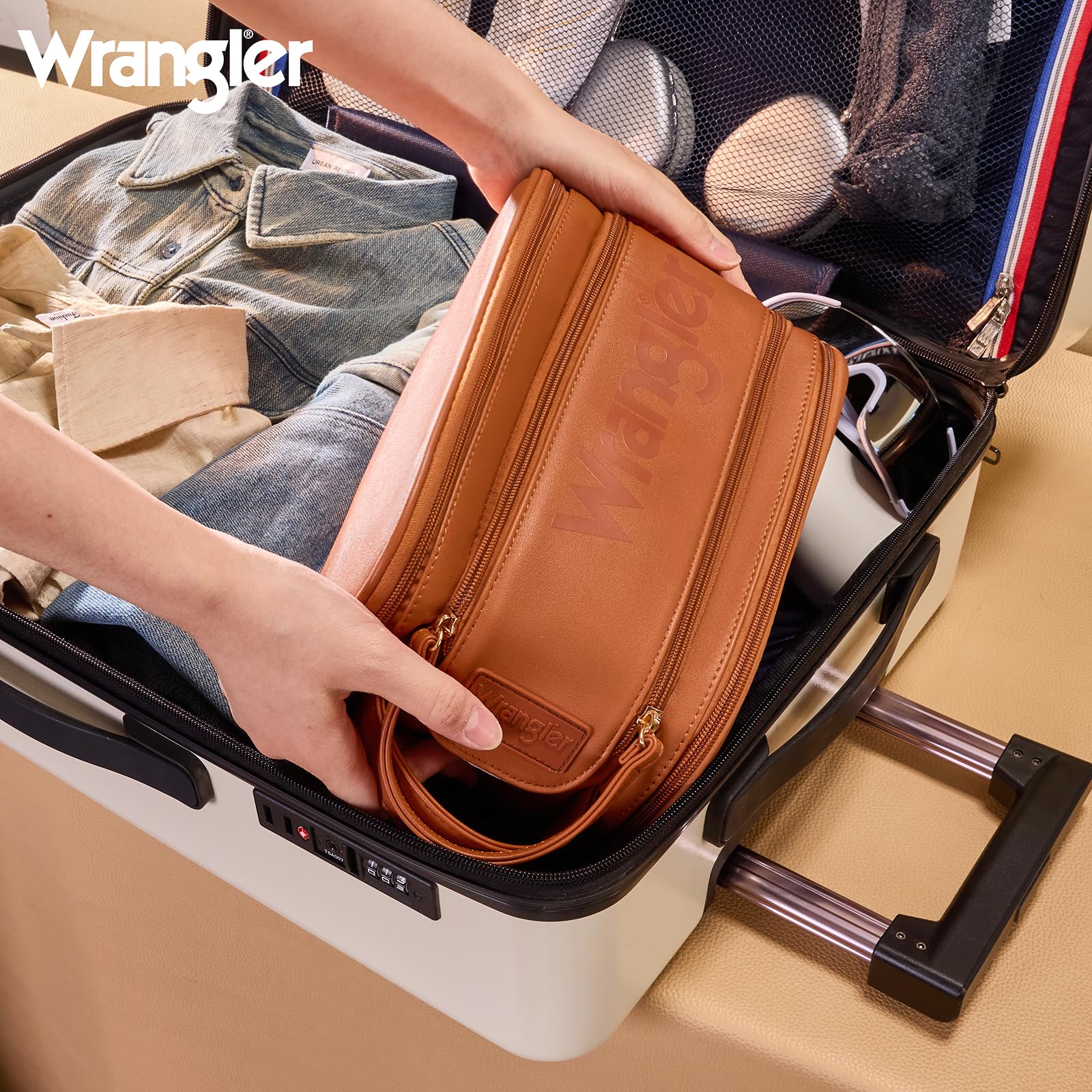 Montana West X Wrangler Large Makeup Bag Travel Toiletry Bag Portable Cosmetic Bag Make Up Organizer with Divider and Handle for Women