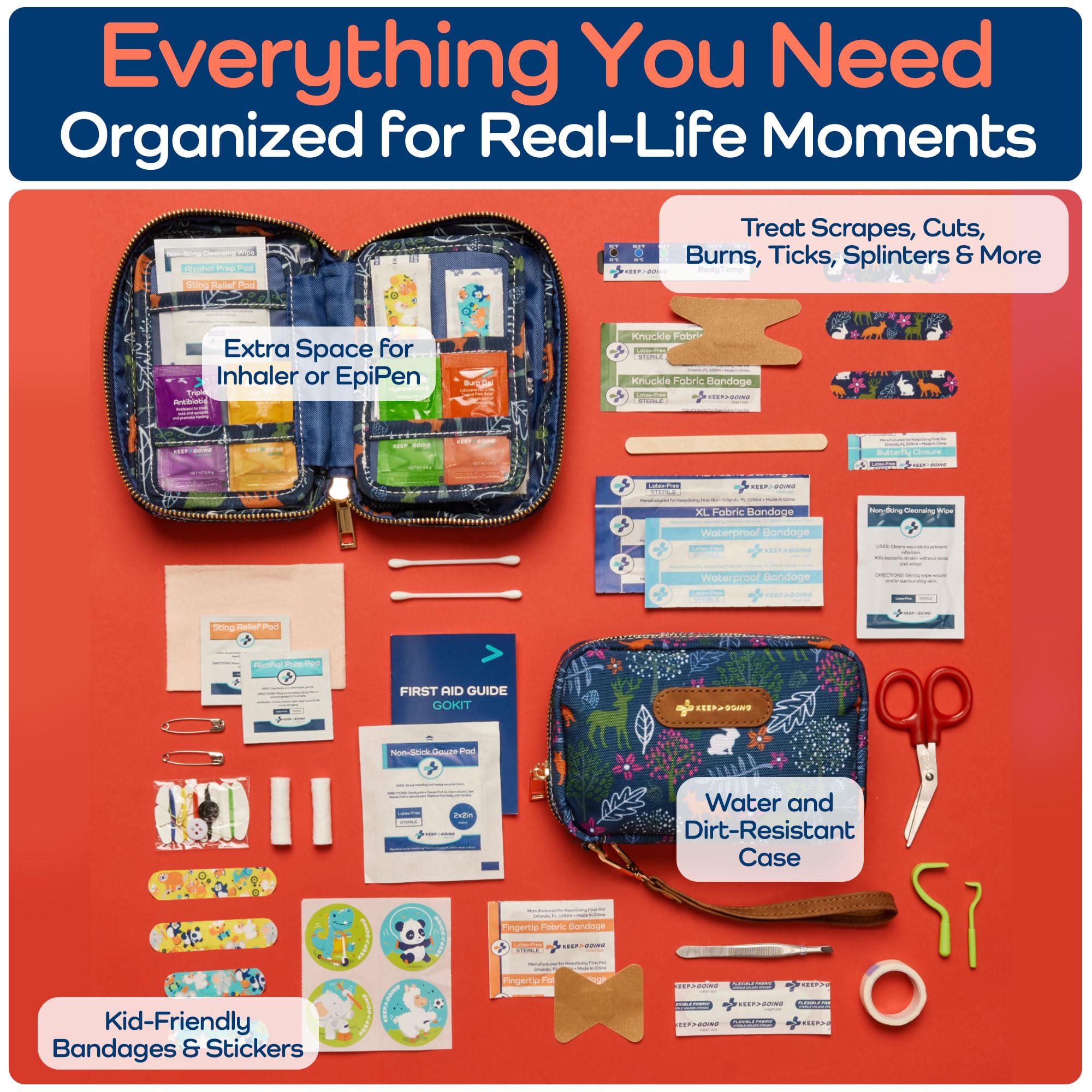 Keep Going Travel First Aid Kit for Kids – 130 Pc.for Purse, Diaper Bag, Backpack, & Suitcase, with Latex-Free Bandages – 7 x 5 x 2 in. Travel First Aid Kit TSA-Approved