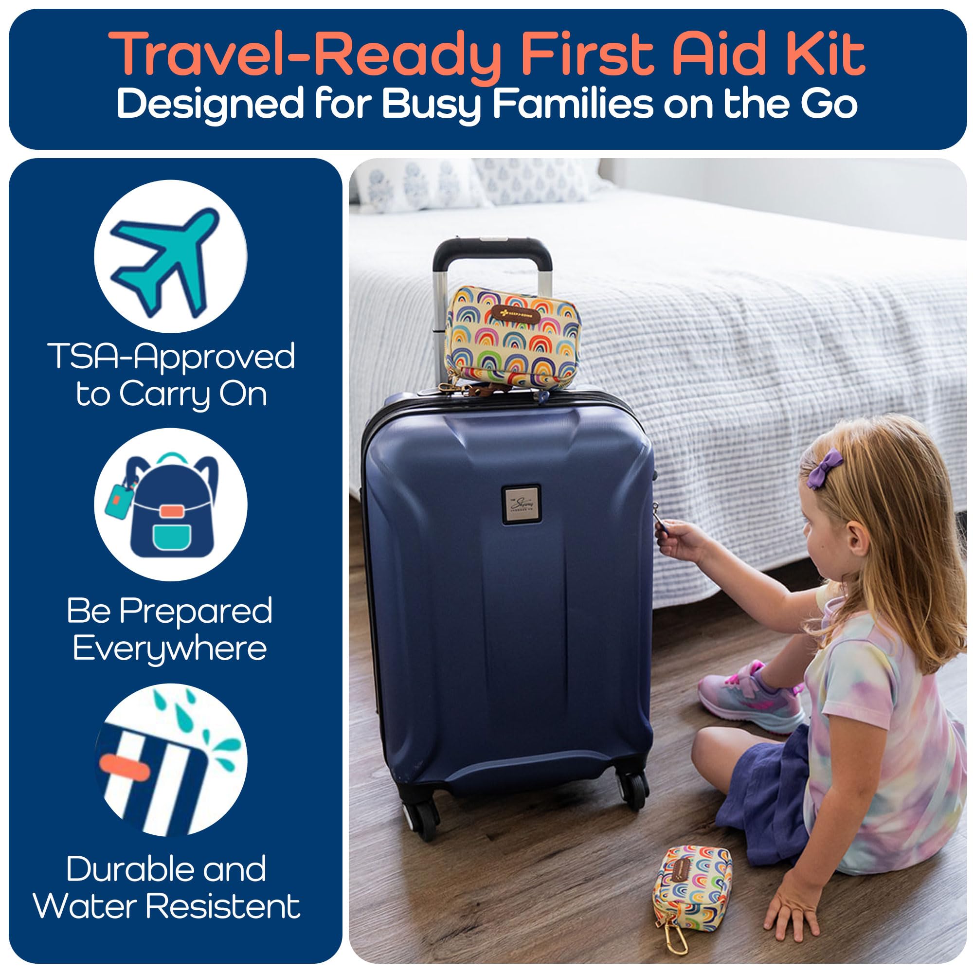 Keep Going Travel First Aid Kit for Kids – 130 Pc.for Purse, Diaper Bag, Backpack, & Suitcase, with Latex-Free Bandages – 7 x 5 x 2 in. Travel First Aid Kit TSA-Approved