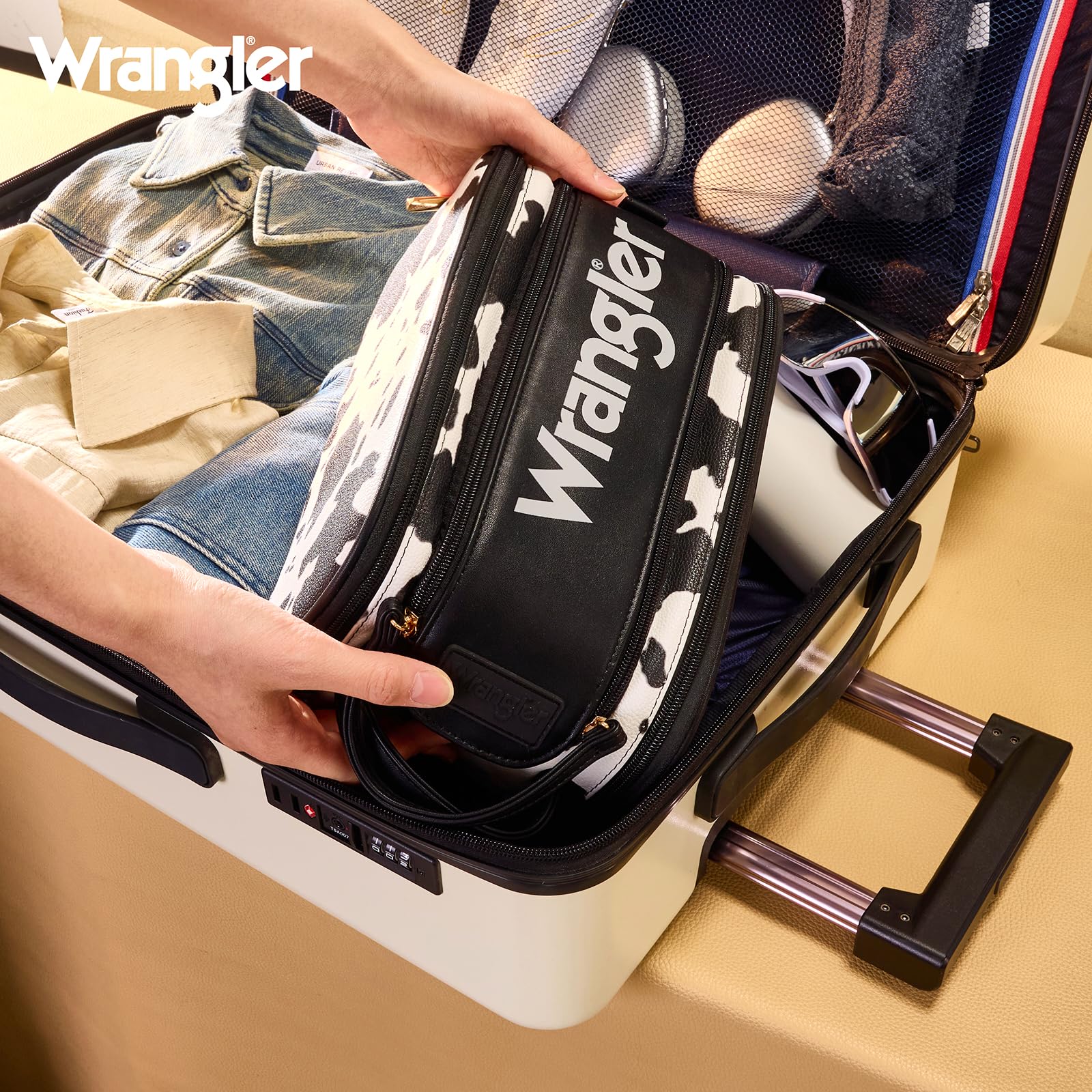 Montana West X Wrangler Large Makeup Bag Travel Toiletry Bag Portable Cosmetic Bag Make Up Organizer with Divider and Handle for Women