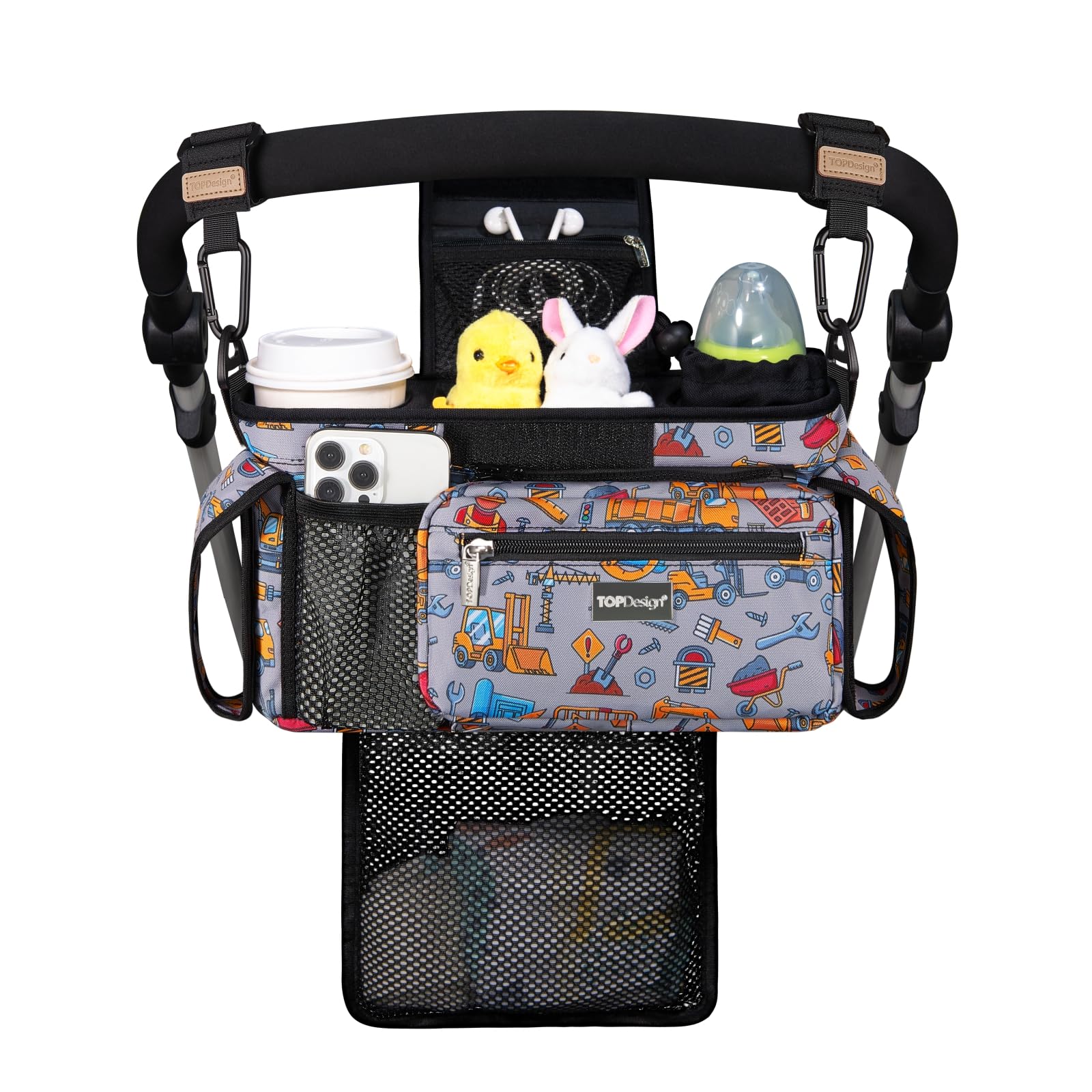 TOPDesign Universal Baby Stroller Organizer, Stroller Caddy with Detachable Mesh Bag & Heightened Insulated Cup Holders & Non-Slip Secure Hooks Accessories, Fits Most Strollers (Checkerboard)