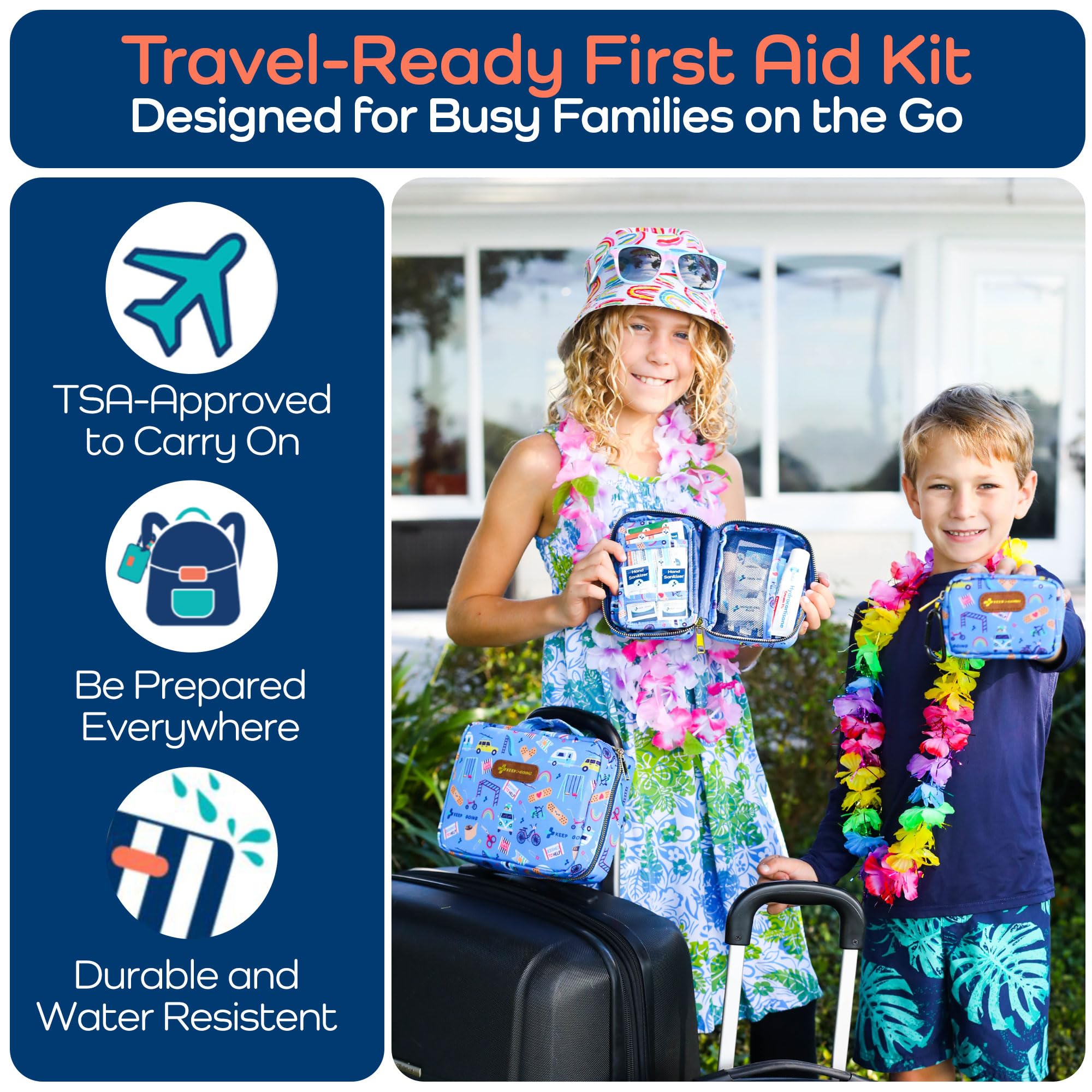 Keep Going Travel First Aid Kit for Kids – 130 Pc.for Purse, Diaper Bag, Backpack, & Suitcase, with Latex-Free Bandages – 7 x 5 x 2 in. Travel First Aid Kit TSA-Approved
