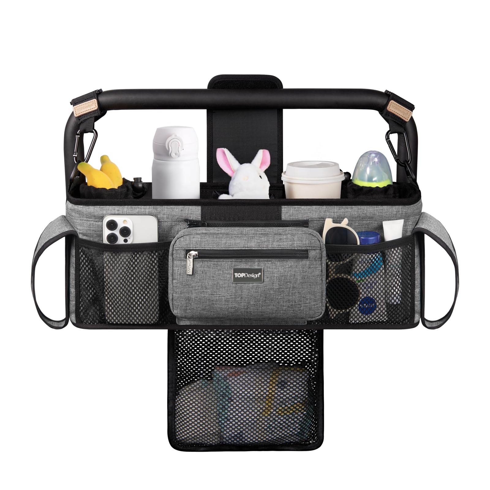 TOPDesign Universal Baby Stroller Organizer, Stroller Caddy with Detachable Mesh Bag & Heightened Insulated Cup Holders & Non-Slip Secure Hooks Accessories, Fits Most Strollers (Checkerboard)