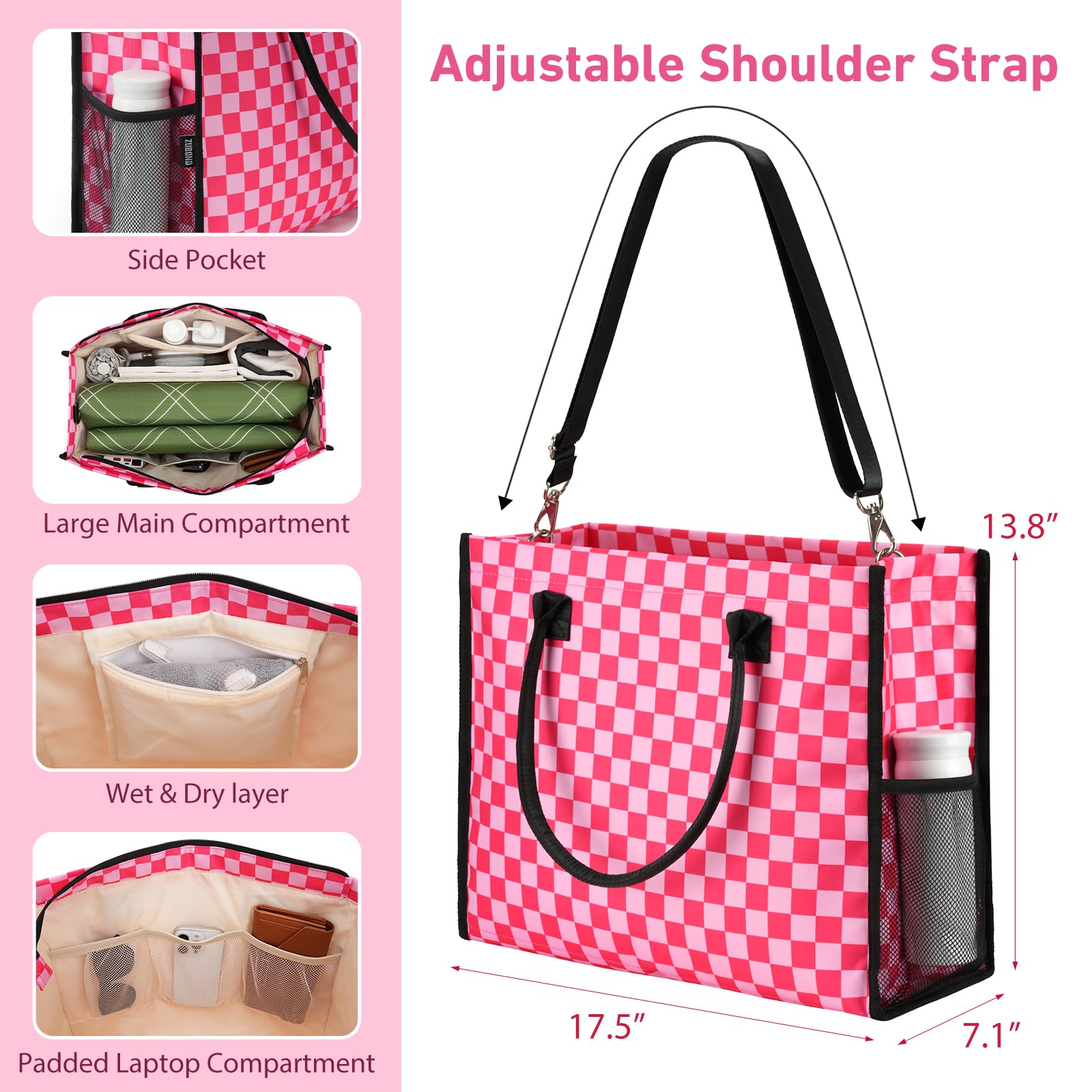 ZUBOND Beach Tote Bags for Women 3 Pack, Large Trave Tote Bag with 2 Makeup Bags, Trendy Gingham Fashion Handbags Work Bag