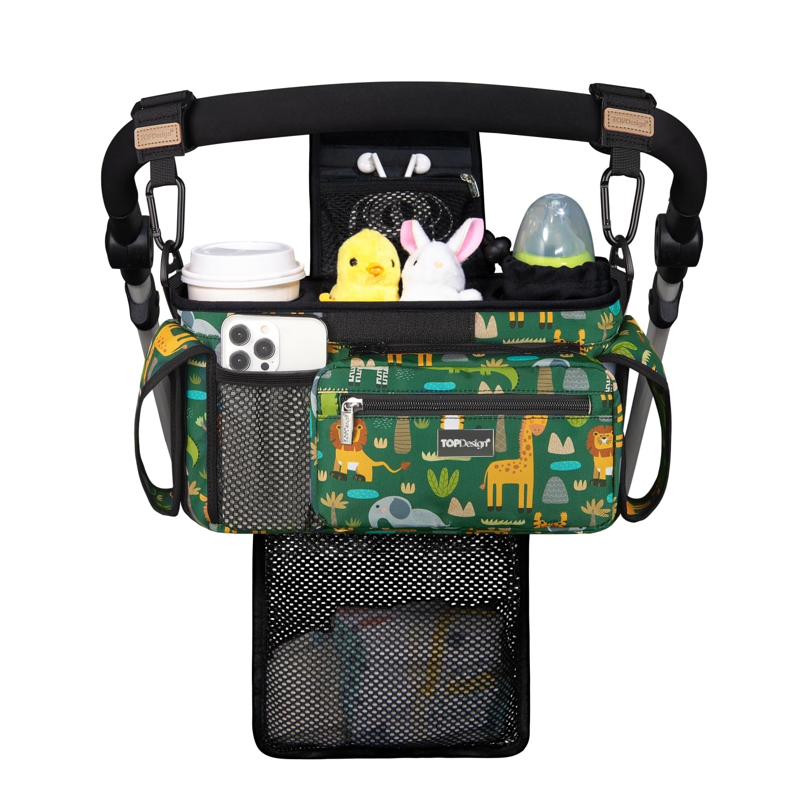 TOPDesign Universal Baby Stroller Organizer, Stroller Caddy with Detachable Mesh Bag & Heightened Insulated Cup Holders & Non-Slip Secure Hooks Accessories, Fits Most Strollers (Checkerboard)