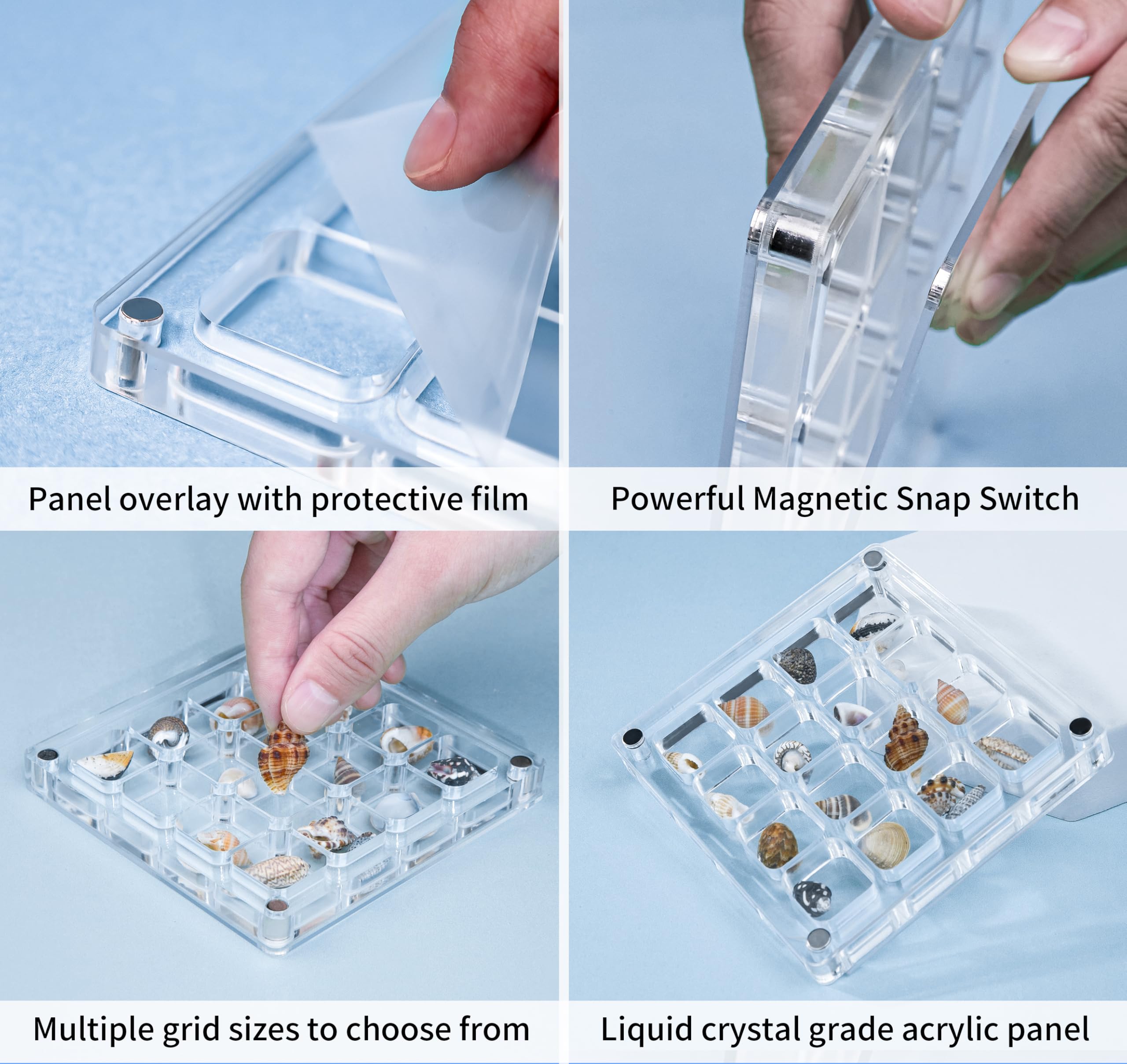 Multi-Style Clear Acrylic Magnetic Seashell Display Collecting Box, Acrylic Shadow Box for Tiny Treasure Hunting Seashell Holder Display Grid Cabinet Case Box,Display Seashell Jewelry Crystal