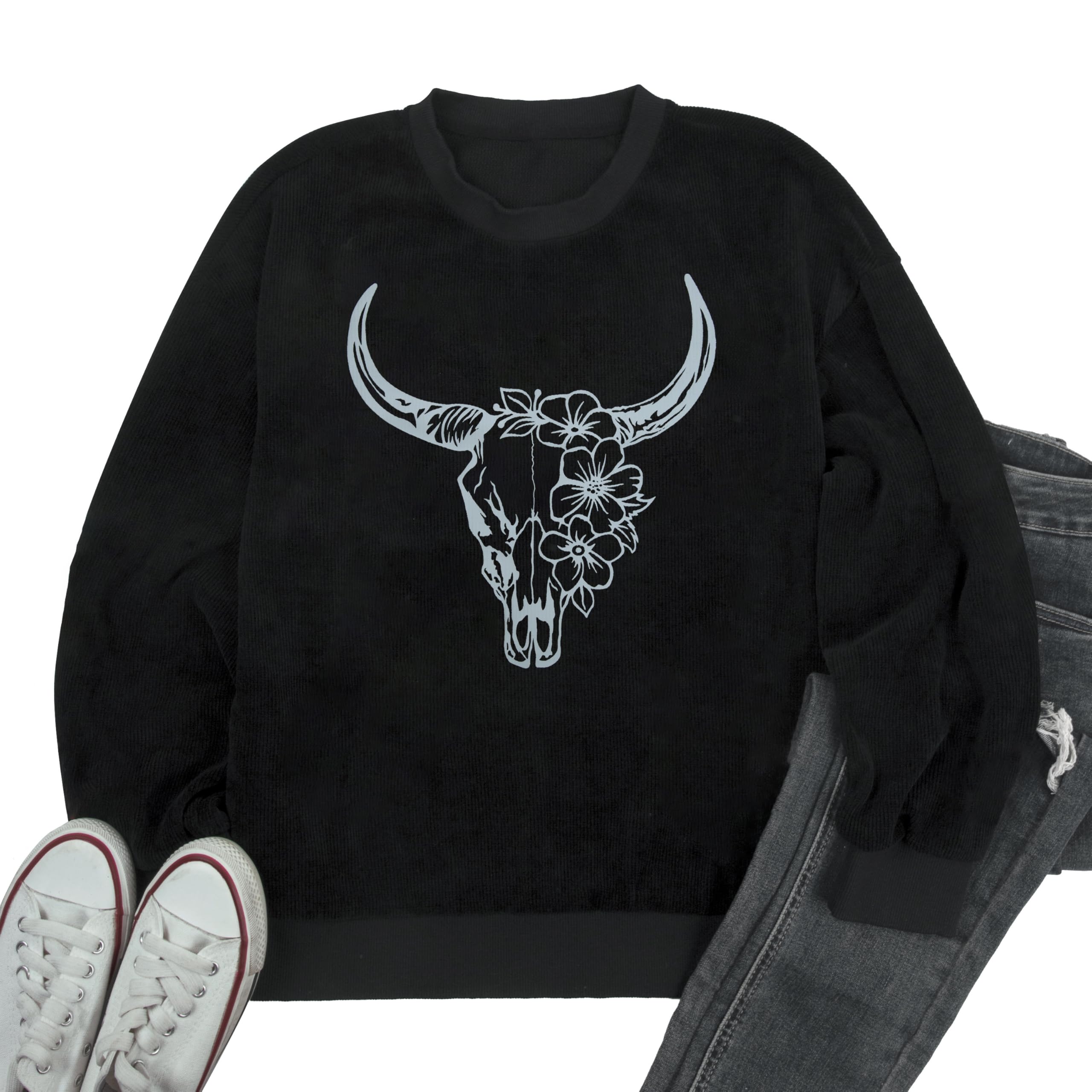 UNIQUEONE Boho Cow Skull Sweatshirt Women Cowgirl Shirt Rodeo Western Country Concert Outfits Nashville Graphic Pullover Tops