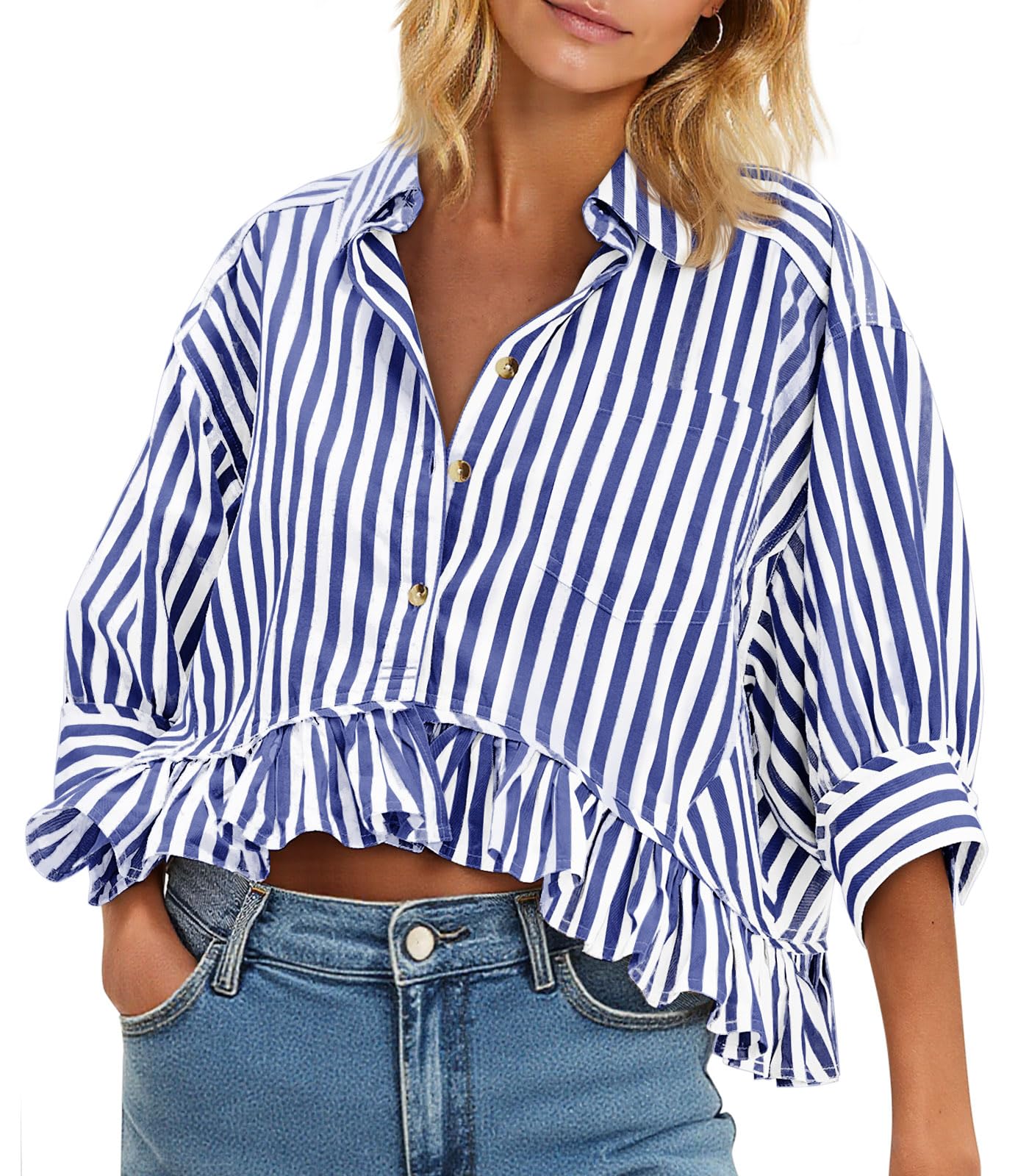 Cicy Bell Womens Cropped Striped Button Down Shirts Ruffle 3/4 Length Sleeve Summer Tops Dressy Casual Blouses