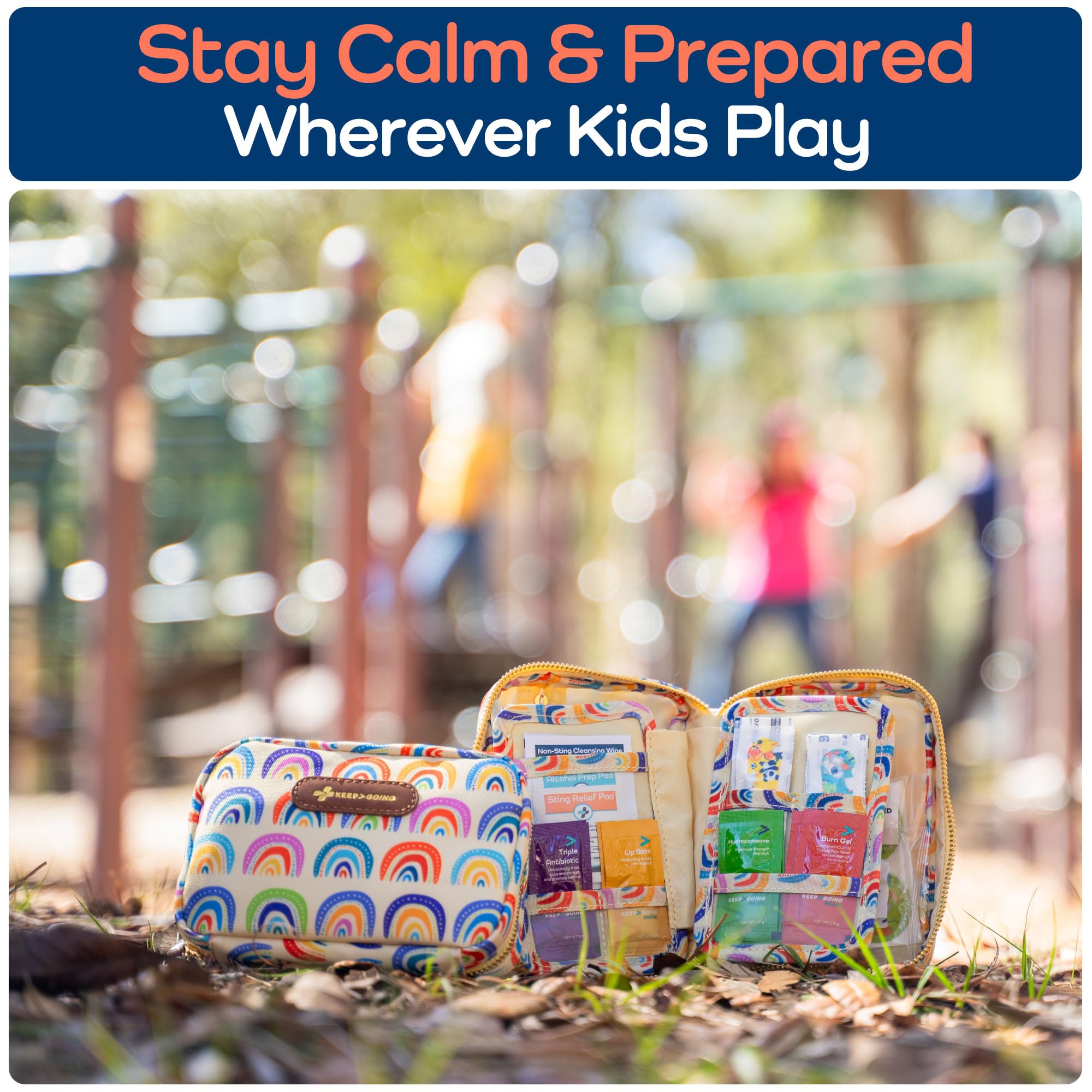 Keep Going Travel First Aid Kit for Kids – 130 Pc.for Purse, Diaper Bag, Backpack, & Suitcase, with Latex-Free Bandages – 7 x 5 x 2 in. Travel First Aid Kit TSA-Approved