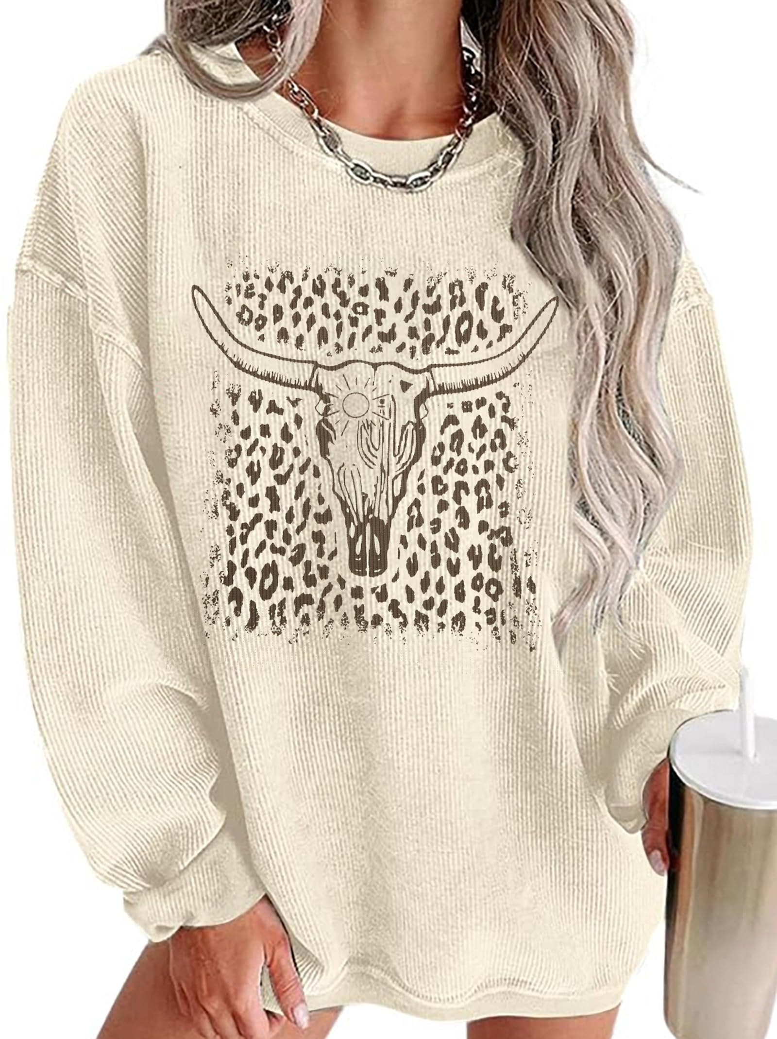 UNIQUEONE Boho Cow Skull Sweatshirt Women Cowgirl Shirt Rodeo Western Country Concert Outfits Nashville Graphic Pullover Tops