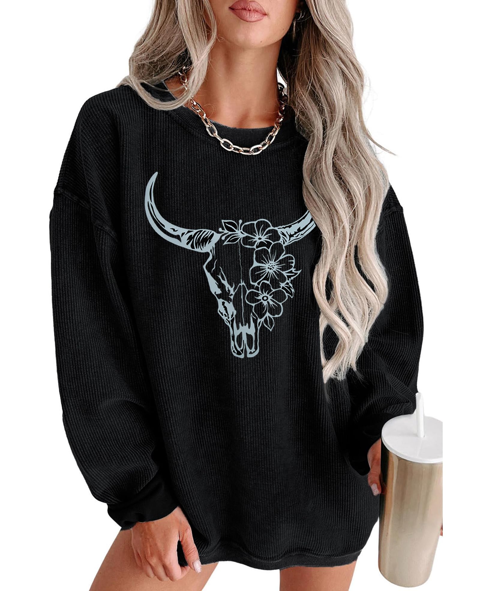 UNIQUEONE Boho Cow Skull Sweatshirt Women Cowgirl Shirt Rodeo Western Country Concert Outfits Nashville Graphic Pullover Tops