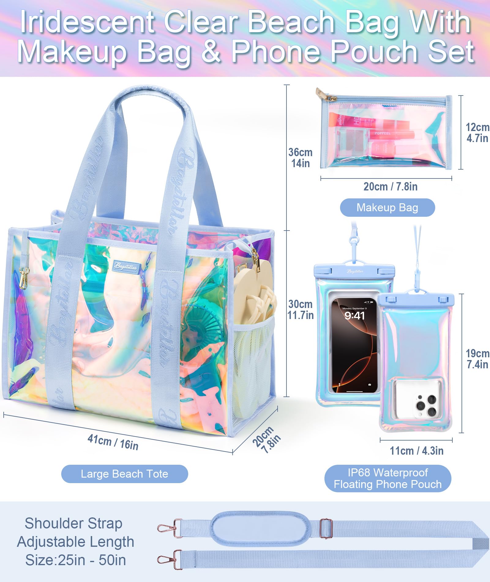 Bagstellar Iridescent Beach Tote Bags for Women, Large Zipper Beach Pool Swim Bag with Makeup Bag & Waterproof Phone Pouch | Waterproof Sandproof