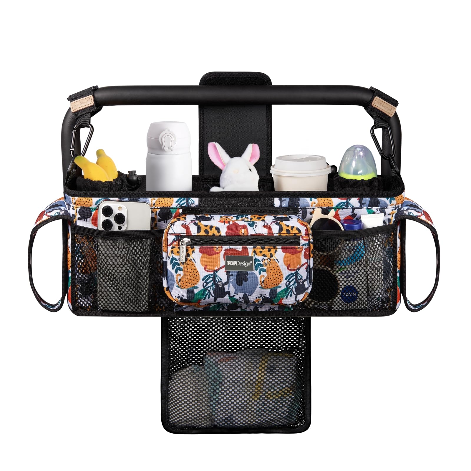 TOPDesign Universal Baby Stroller Organizer, Stroller Caddy with Detachable Mesh Bag & Heightened Insulated Cup Holders & Non-Slip Secure Hooks Accessories, Fits Most Strollers (Checkerboard)