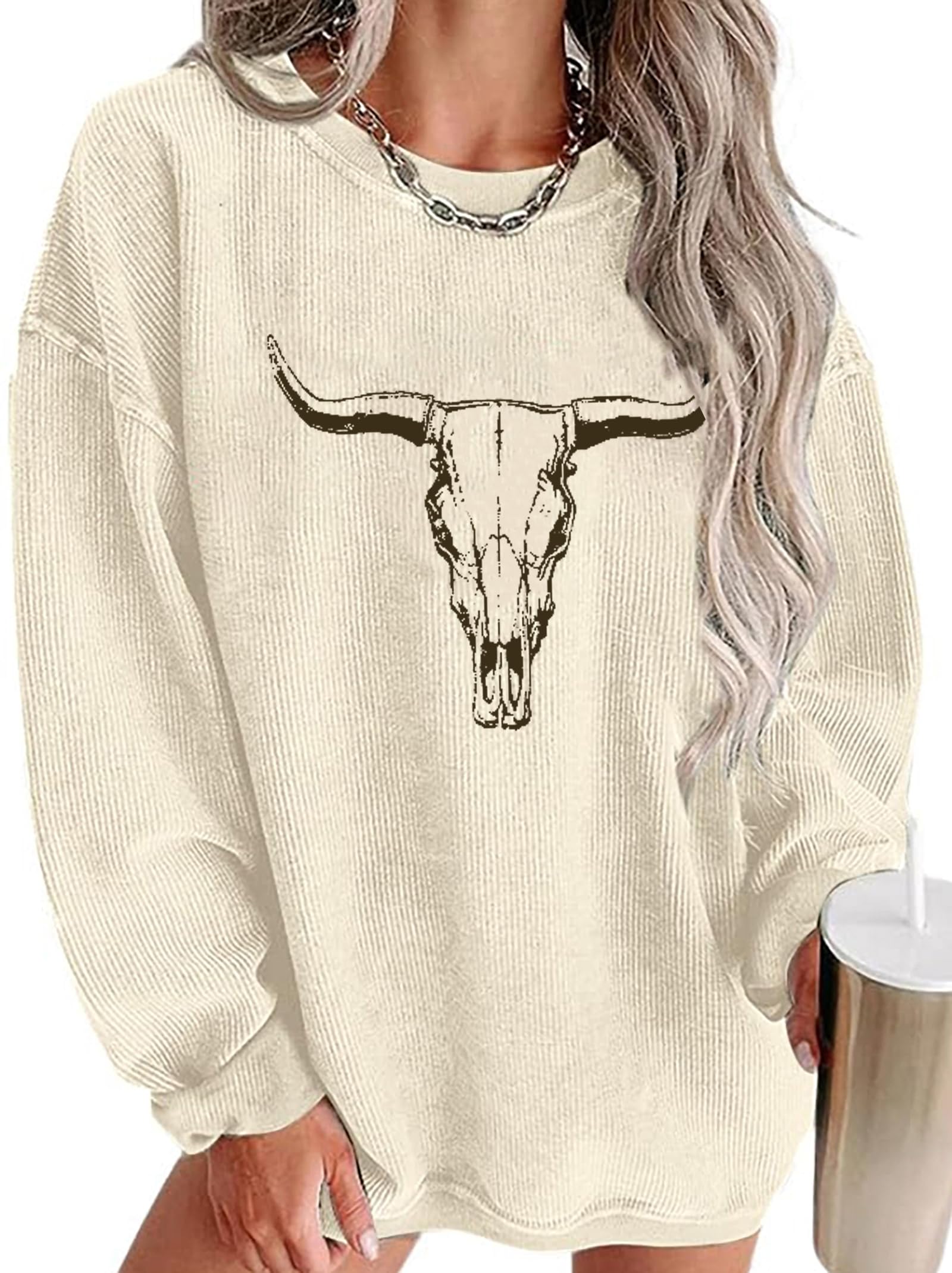 UNIQUEONE Boho Cow Skull Sweatshirt Women Cowgirl Shirt Rodeo Western Country Concert Outfits Nashville Graphic Pullover Tops
