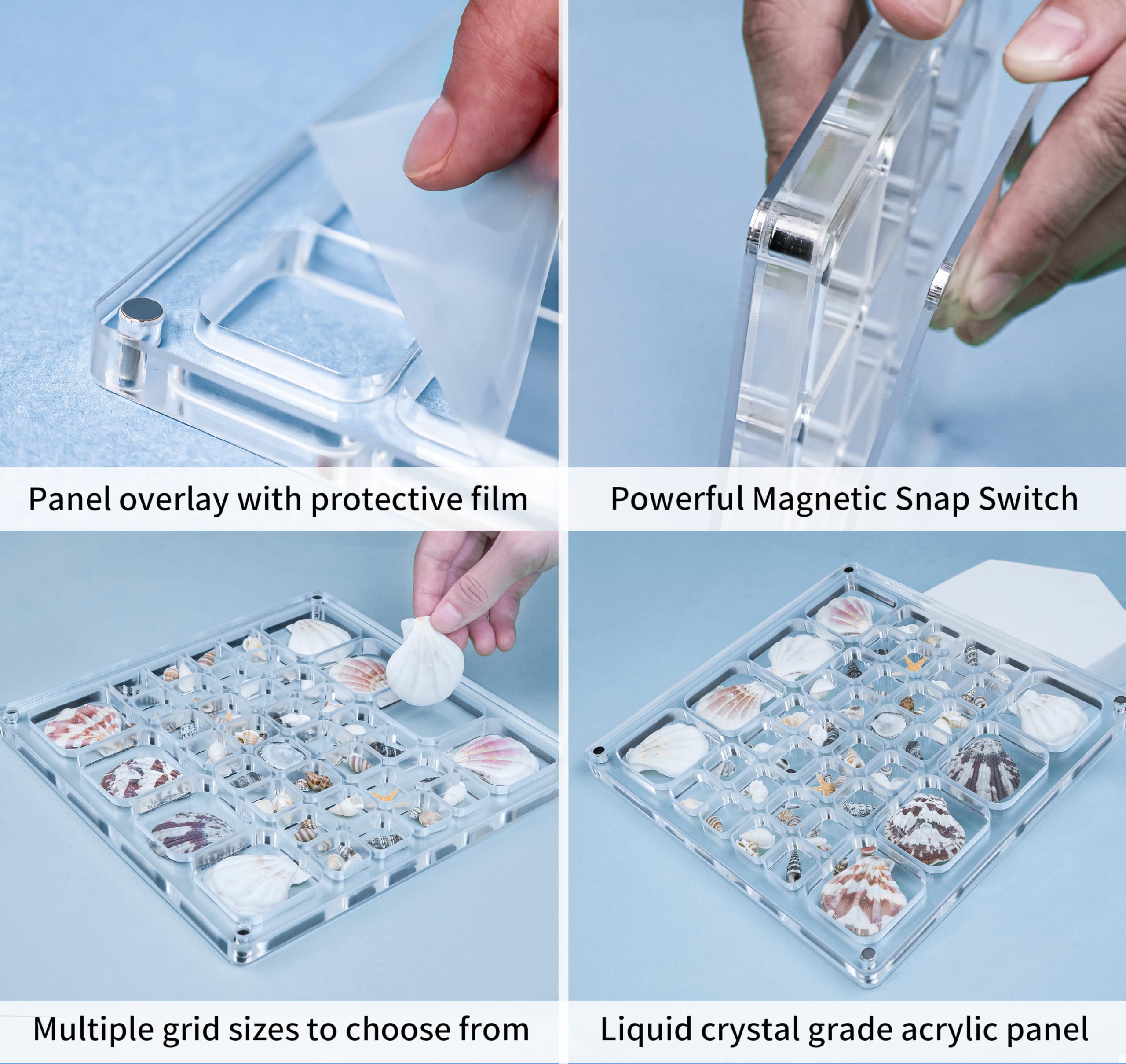 Multi-Style Clear Acrylic Magnetic Seashell Display Collecting Box, Acrylic Shadow Box for Tiny Treasure Hunting Seashell Holder Display Grid Cabinet Case Box,Display Seashell Jewelry Crystal