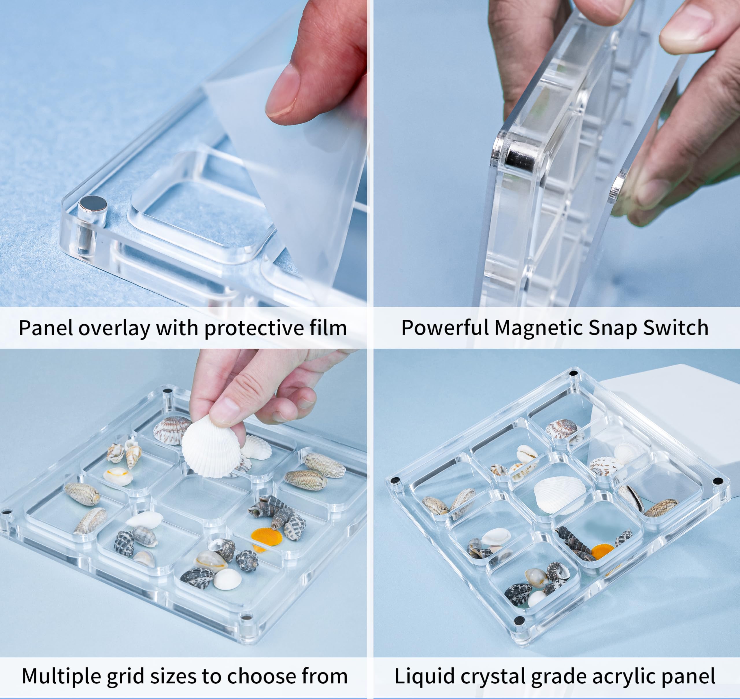 Multi-Style Clear Acrylic Magnetic Seashell Display Collecting Box, Acrylic Shadow Box for Tiny Treasure Hunting Seashell Holder Display Grid Cabinet Case Box,Display Seashell Jewelry Crystal