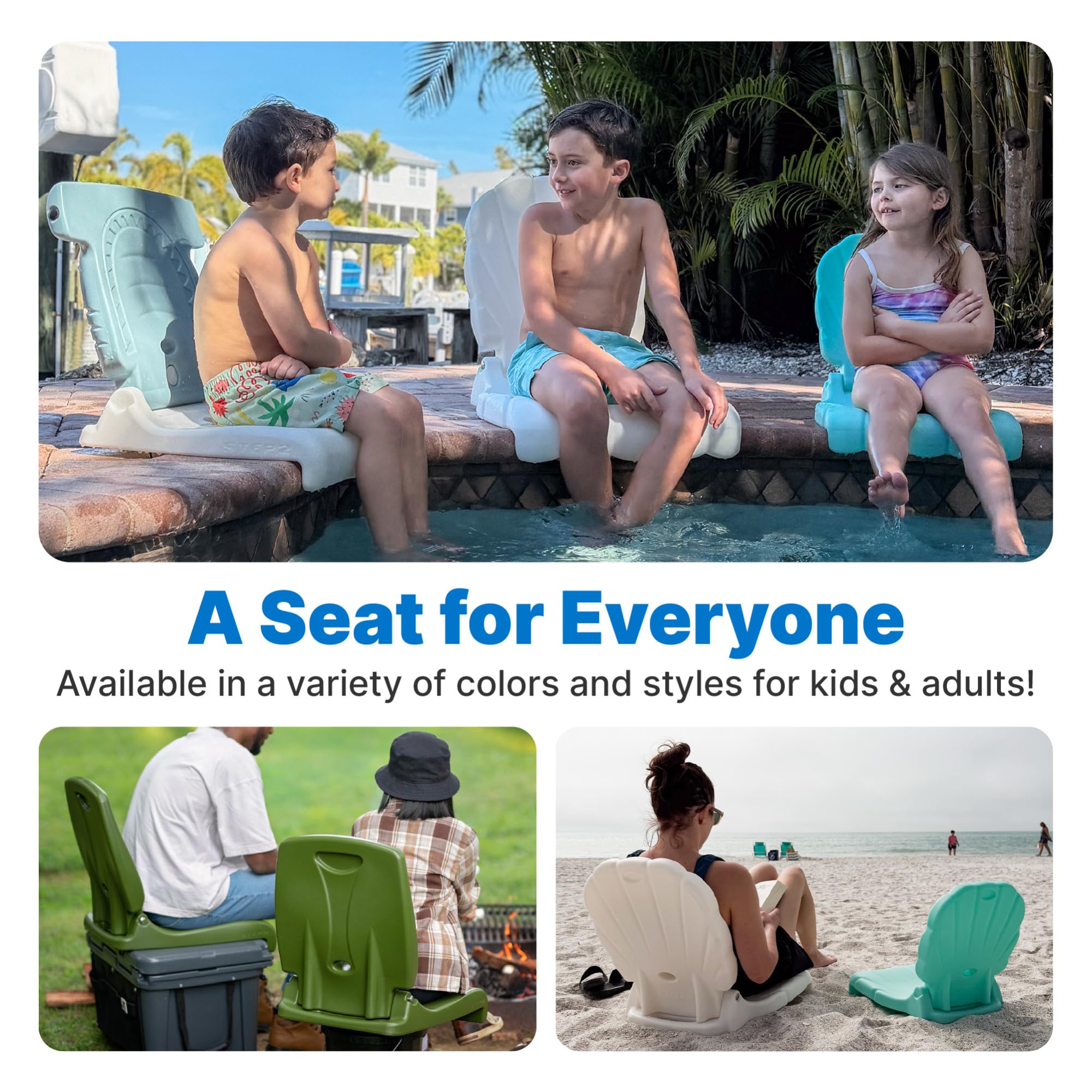 Step2 Kids Shell Flip Seat 2 Pack, Portable Outdoor Chair for Poolside, Camping, Beach, Stadium, Providing Back Support, Made of UV20 Durable Plastic, Mint