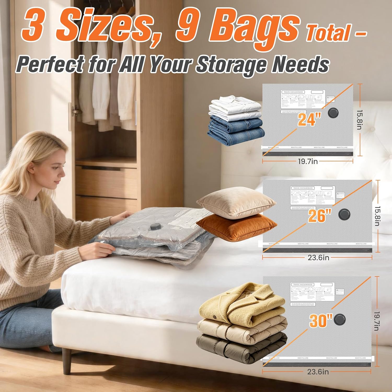 Vacuum Storage Bags for Travel with Cordless Pump, Space Saver Bags for Clothes, Compression Packing Bags for Luggage, 9 Combo Size