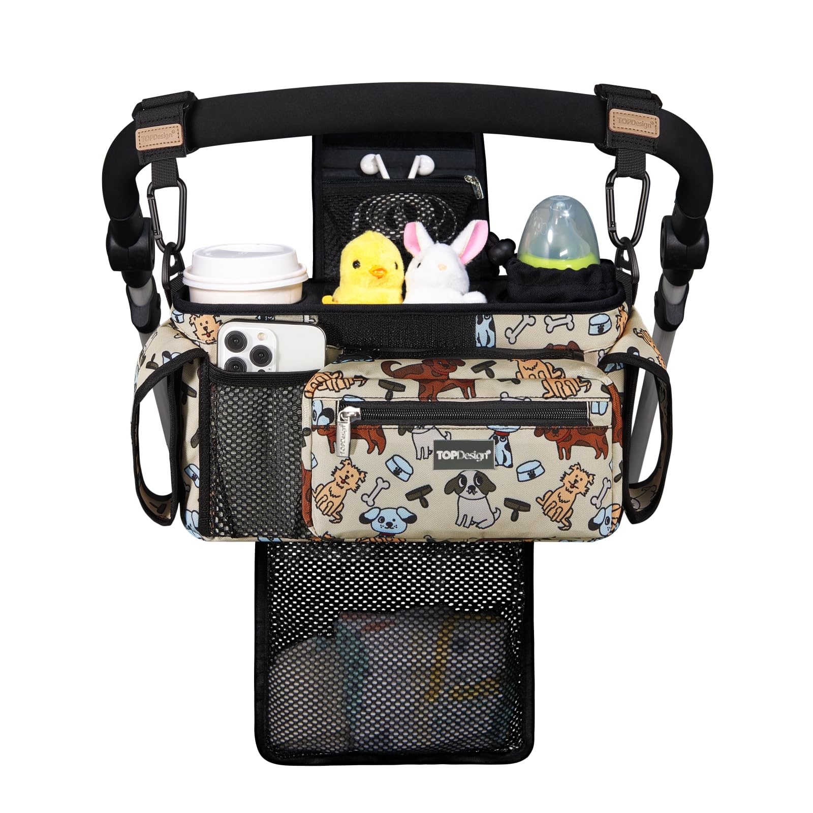 TOPDesign Universal Baby Stroller Organizer, Stroller Caddy with Detachable Mesh Bag & Heightened Insulated Cup Holders & Non-Slip Secure Hooks Accessories, Fits Most Strollers (Checkerboard)
