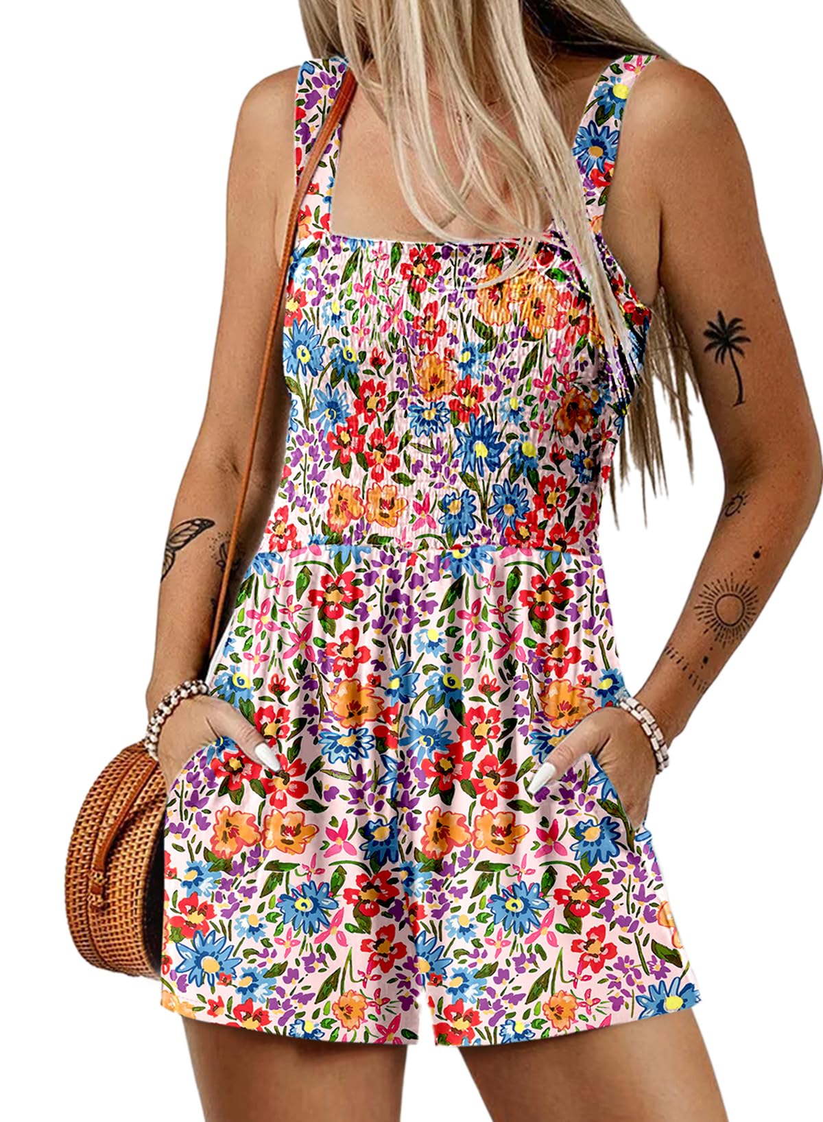 Dokotoo Women's Summer Casual Smocked Rompers Square Neck Sleeveless Loose Shorts Jumpsuits 2026 Beach Vacation Outfits