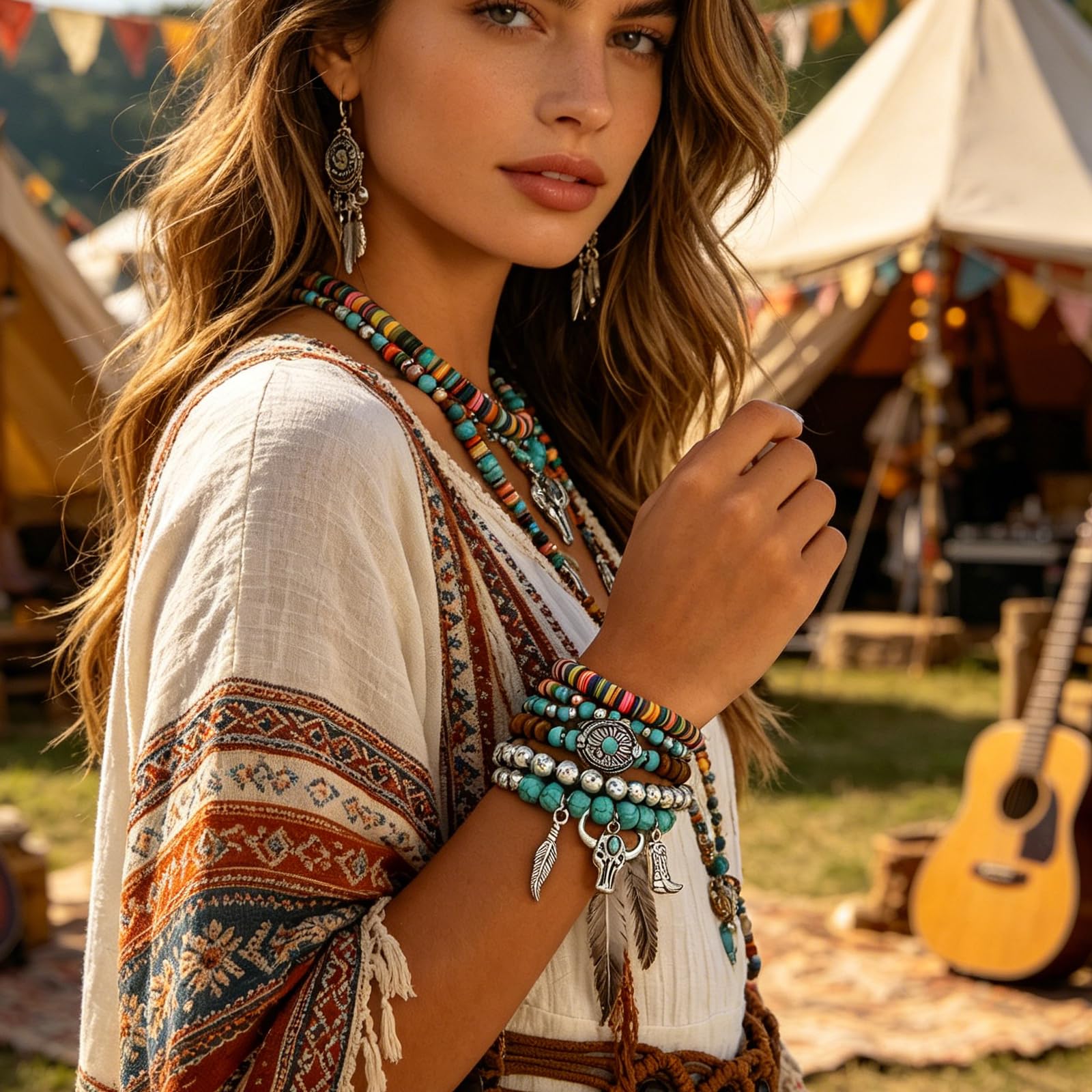 Navajo Pearls Jewelry Turquoise Western Bracelets Boho Native Jewelry Beaded Bracelet Stack for Summer Clothes Country Concert Outfits