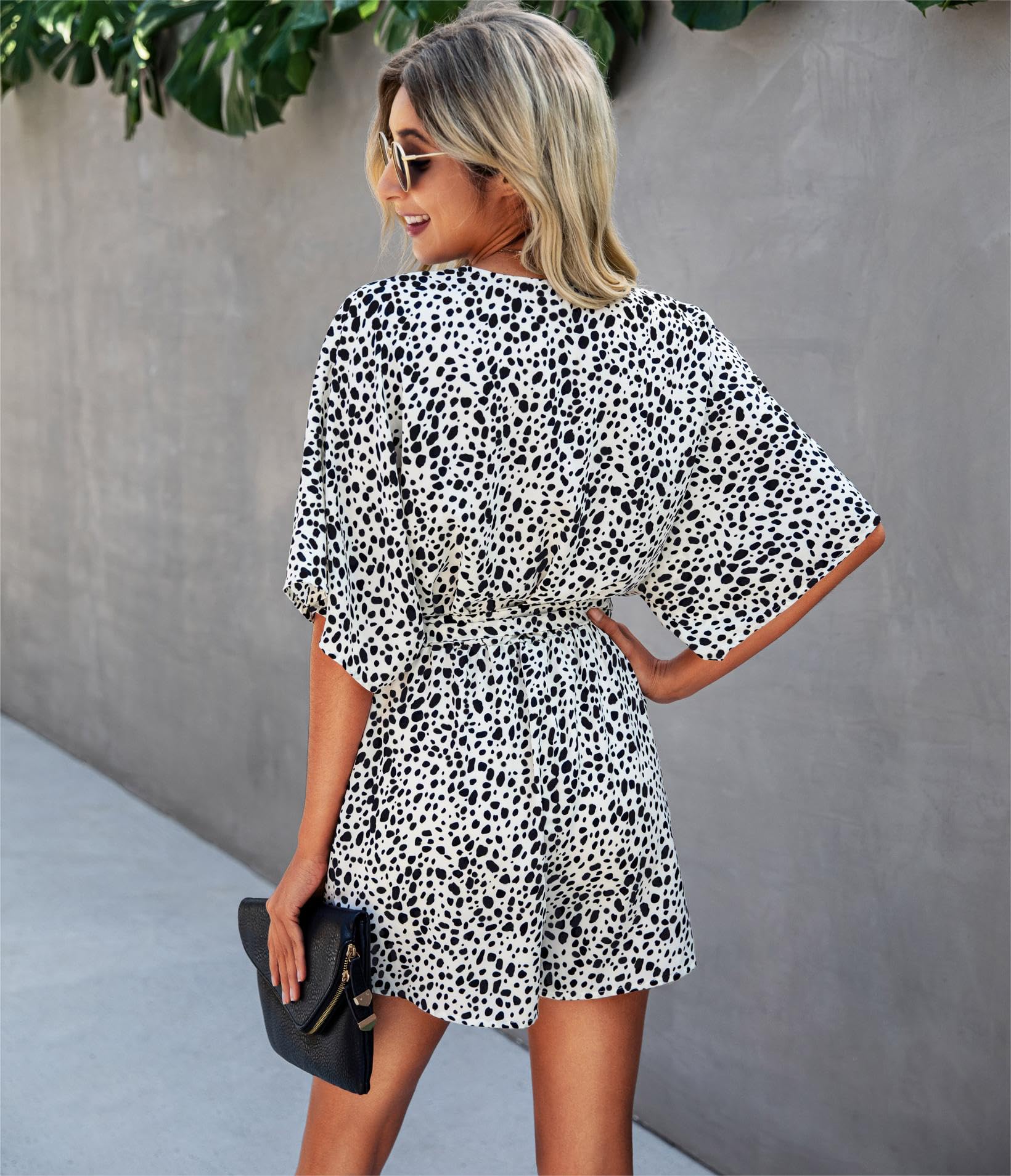 PRETTYGARDEN Women's Leopard Print Shorts Jumpsuit Wrap V Neck 3/4 Sleeve Casual Loose Oversized Romper With Pockets