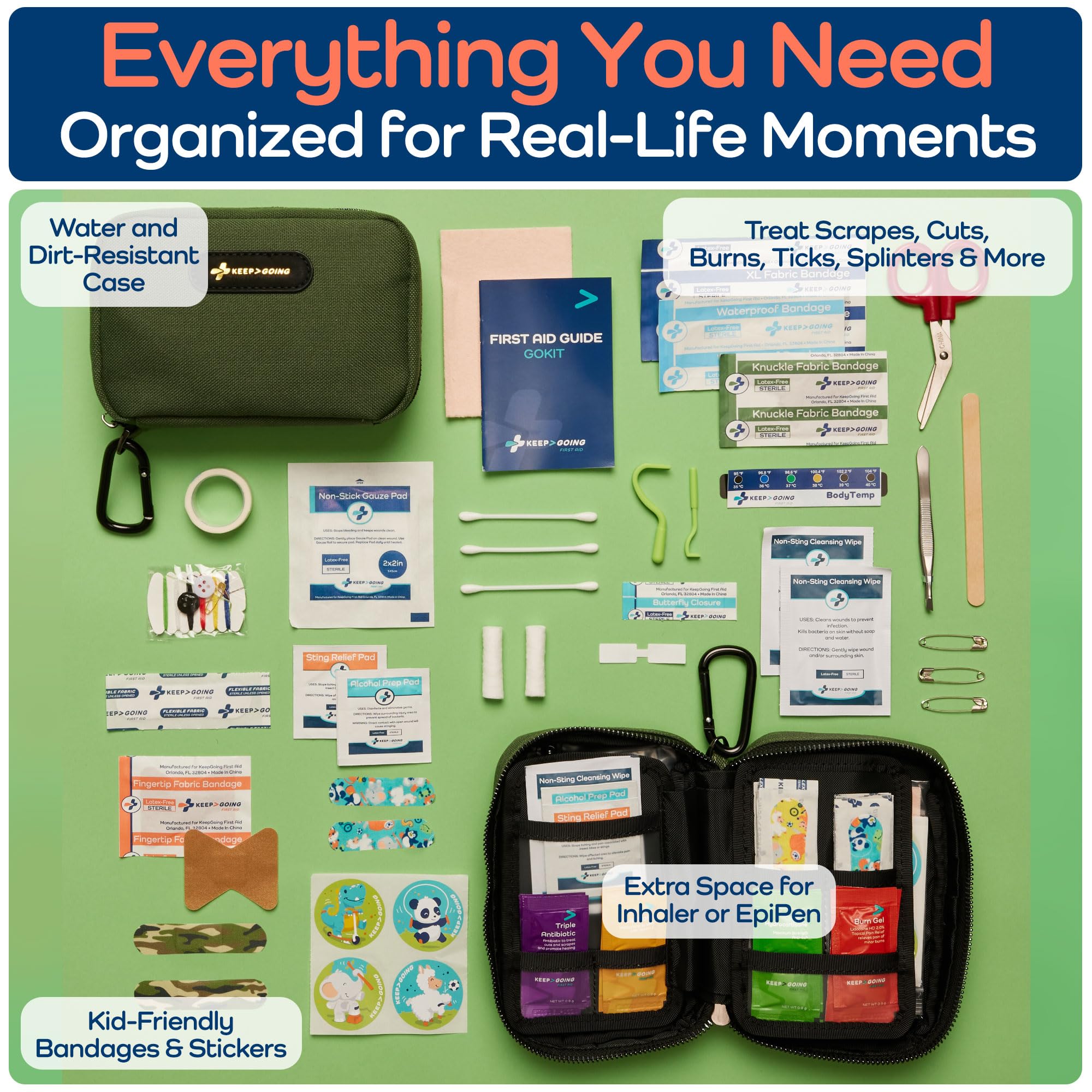 Keep Going Travel First Aid Kit for Kids – 130 Pc.for Purse, Diaper Bag, Backpack, & Suitcase, with Latex-Free Bandages – 7 x 5 x 2 in. Travel First Aid Kit TSA-Approved