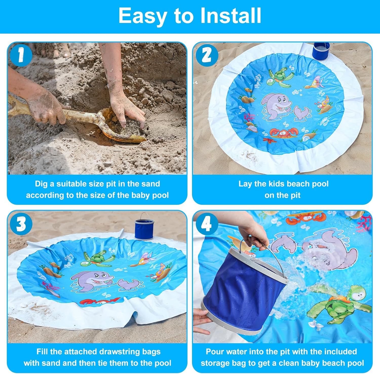 7.2 X 7.2 Feet Baby Beach Pool，Kiddie Pool and Beach Blanket，2 in 1 Toddler Paddling Pool，Beach Toys for Infant Kids Boys and Girls with Portable Water Bag 9L
