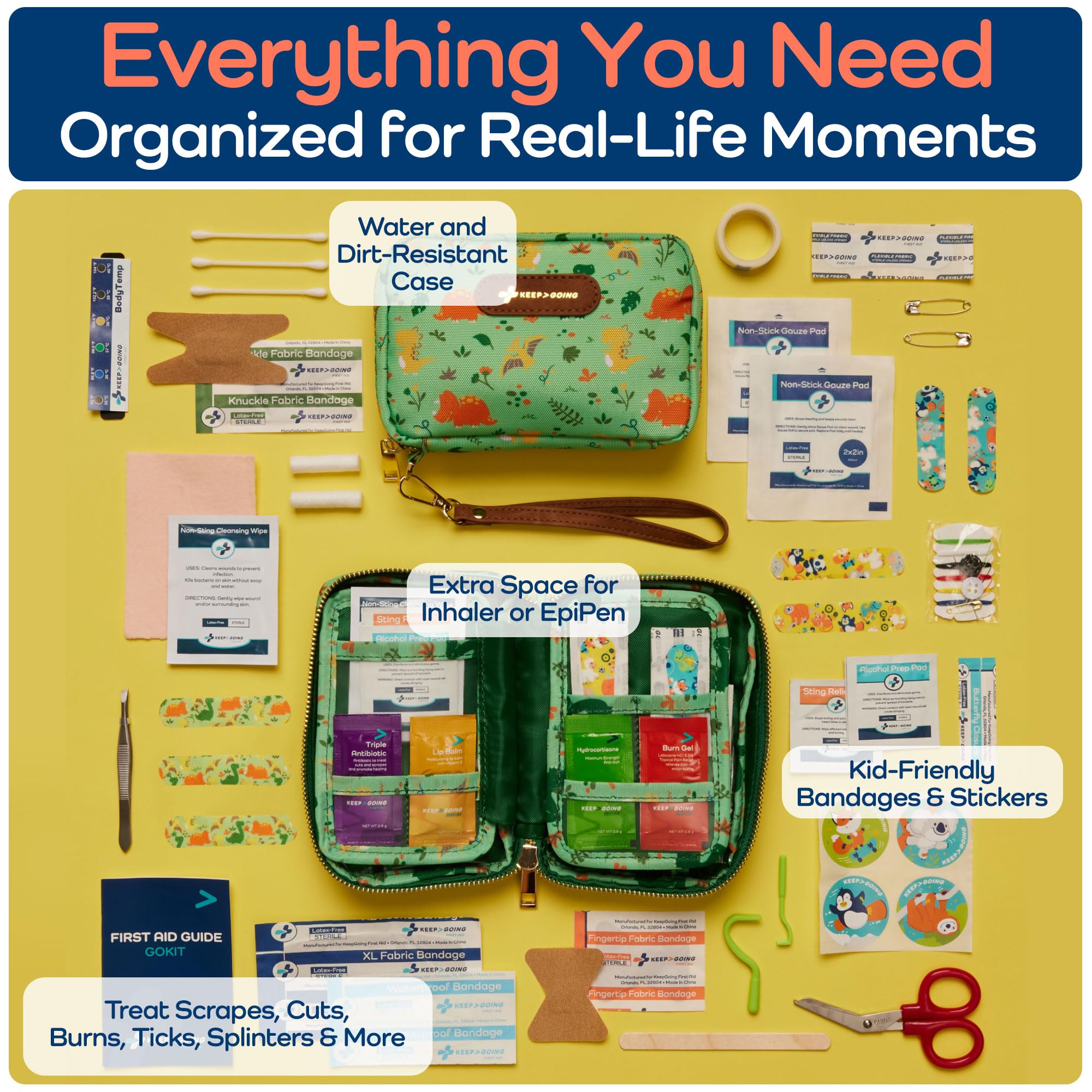 Keep Going Travel First Aid Kit for Kids – 130 Pc.for Purse, Diaper Bag, Backpack, & Suitcase, with Latex-Free Bandages – 7 x 5 x 2 in. Travel First Aid Kit TSA-Approved