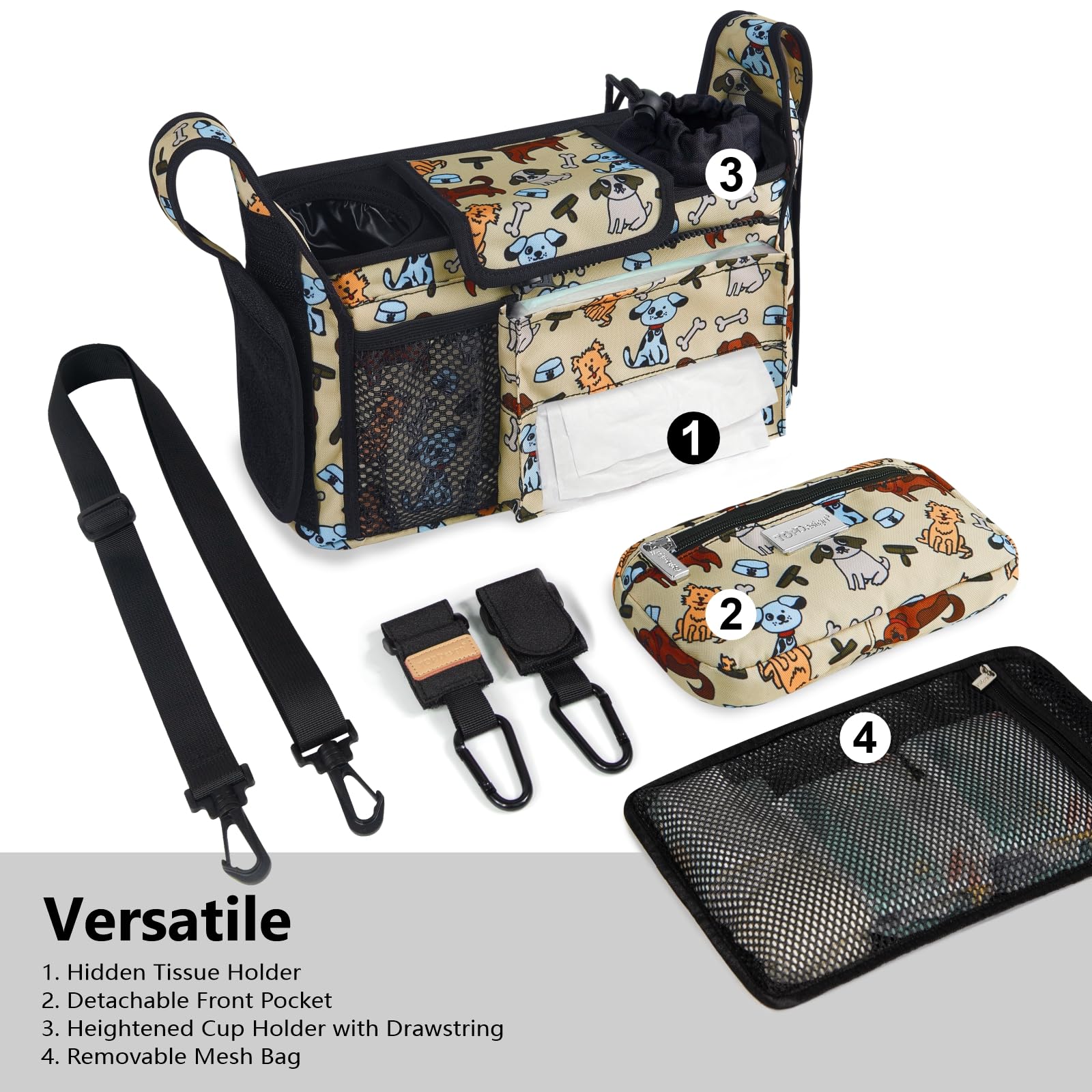TOPDesign Universal Baby Stroller Organizer, Stroller Caddy with Detachable Mesh Bag & Heightened Insulated Cup Holders & Non-Slip Secure Hooks Accessories, Fits Most Strollers (Checkerboard)