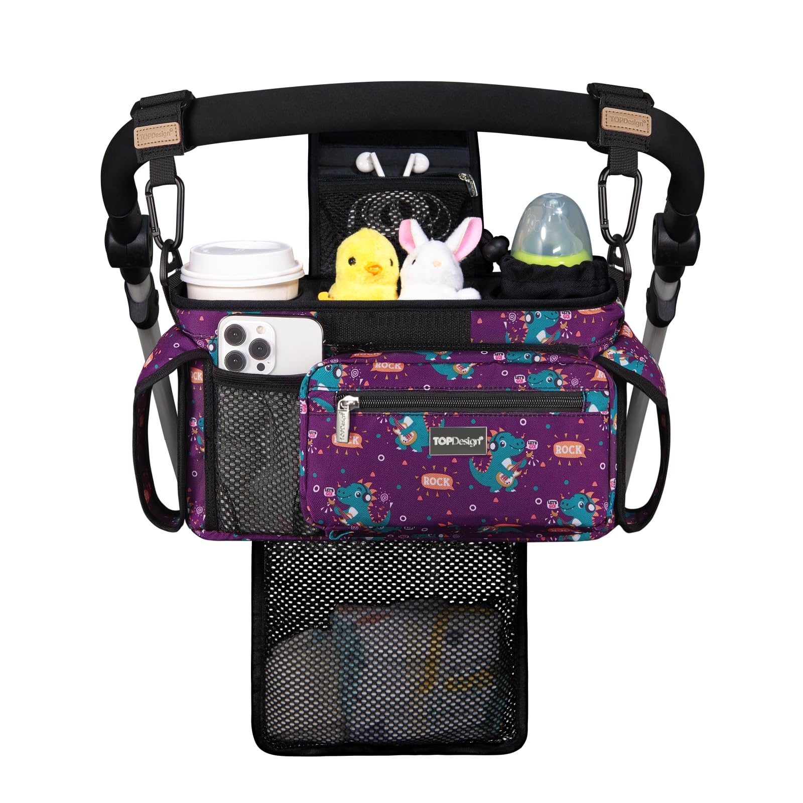 TOPDesign Universal Baby Stroller Organizer, Stroller Caddy with Detachable Mesh Bag & Heightened Insulated Cup Holders & Non-Slip Secure Hooks Accessories, Fits Most Strollers (Checkerboard)