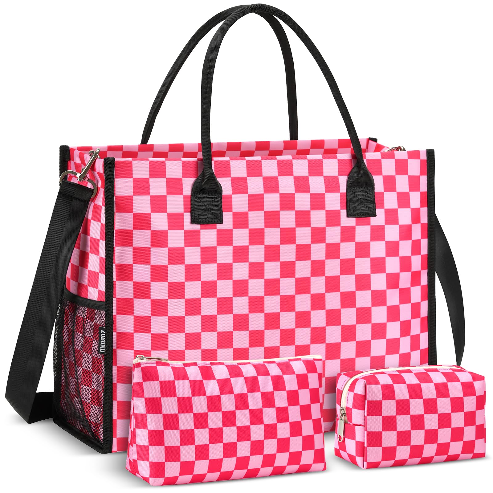 ZUBOND Beach Tote Bags for Women 3 Pack, Large Trave Tote Bag with 2 Makeup Bags, Trendy Gingham Fashion Handbags Work Bag