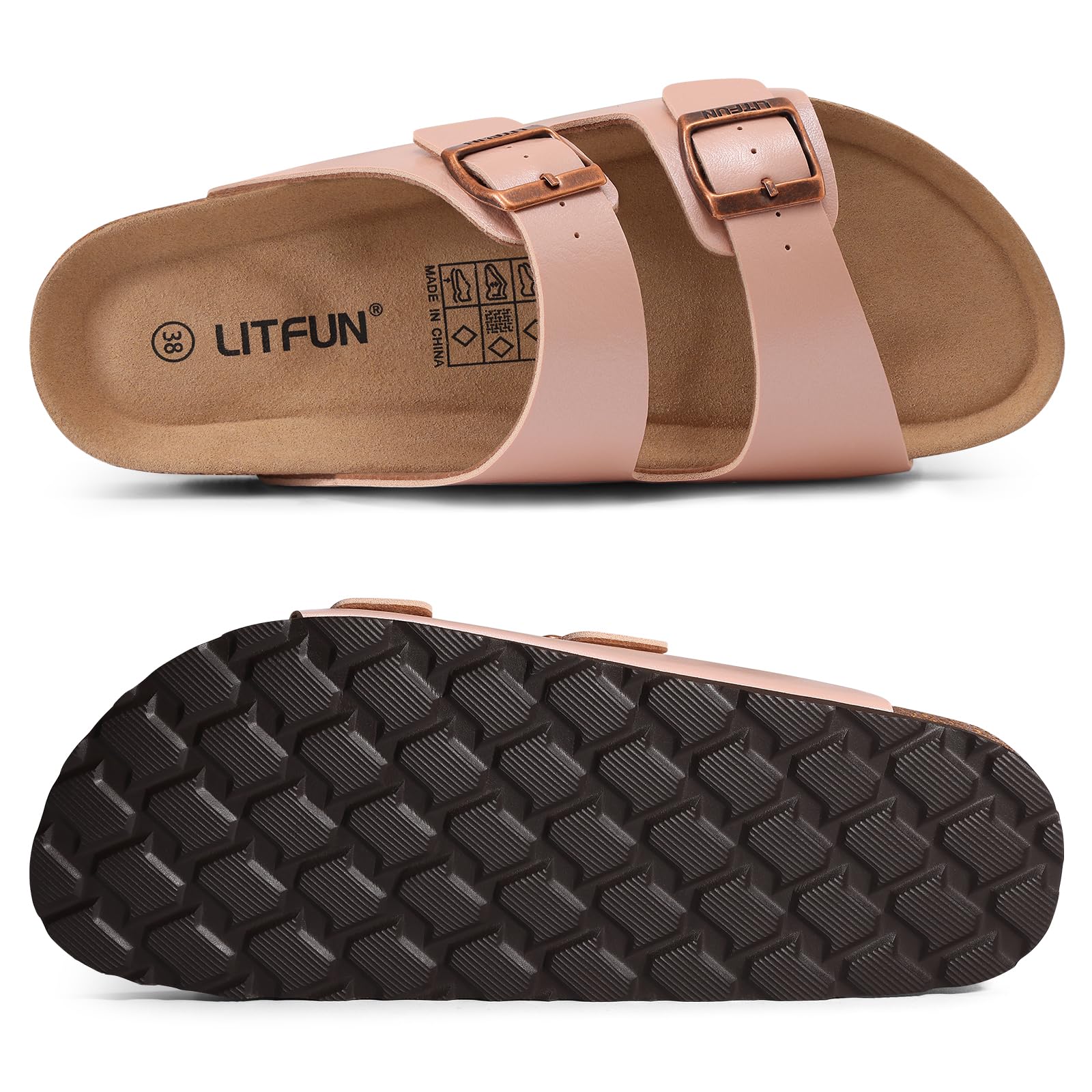 Litfun Unisex Cork Footbed Sandal Summer Slip On Slide Sandals with Adjustable Buckle for Women Men