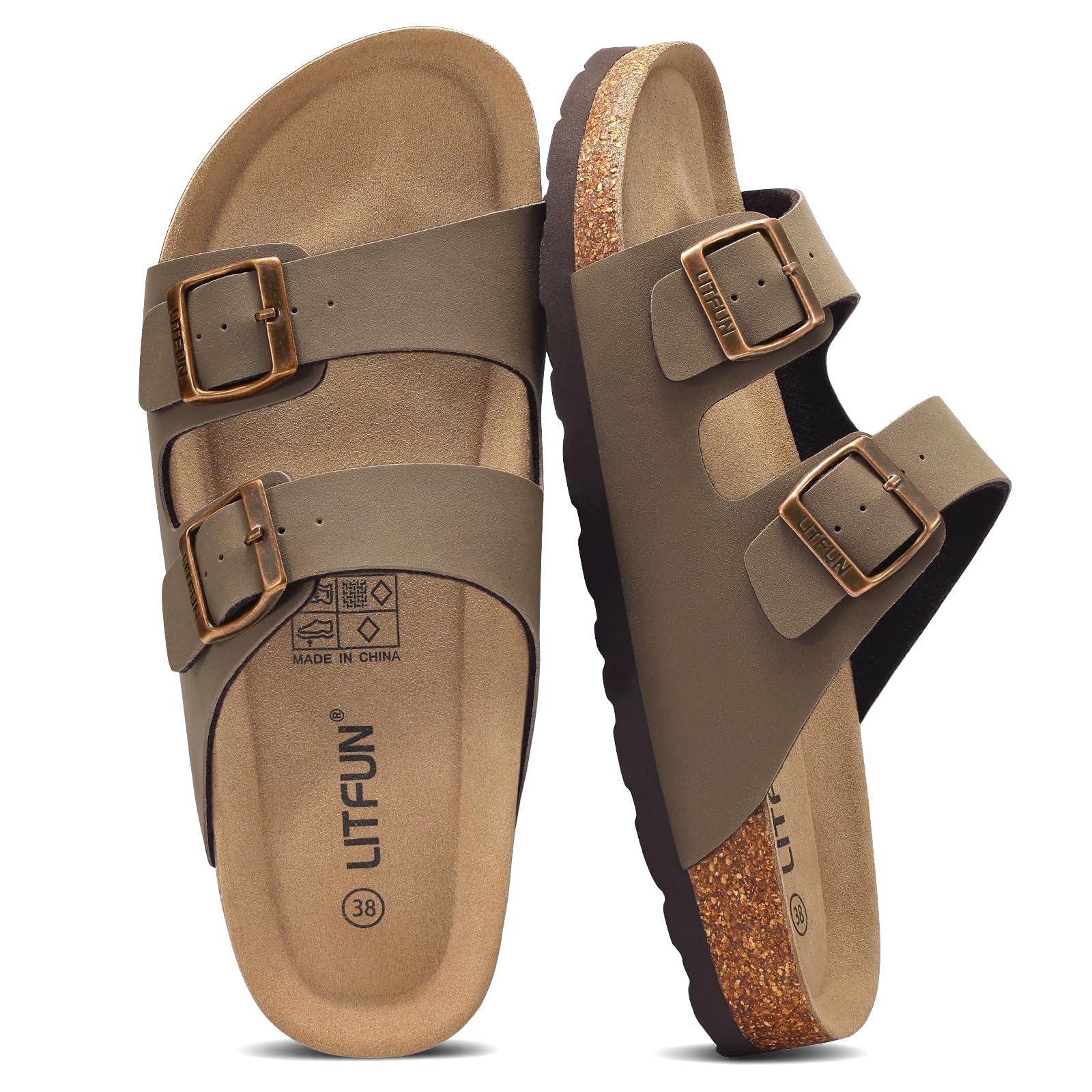 Litfun Unisex Cork Footbed Sandal Summer Slip On Slide Sandals with Adjustable Buckle for Women Men