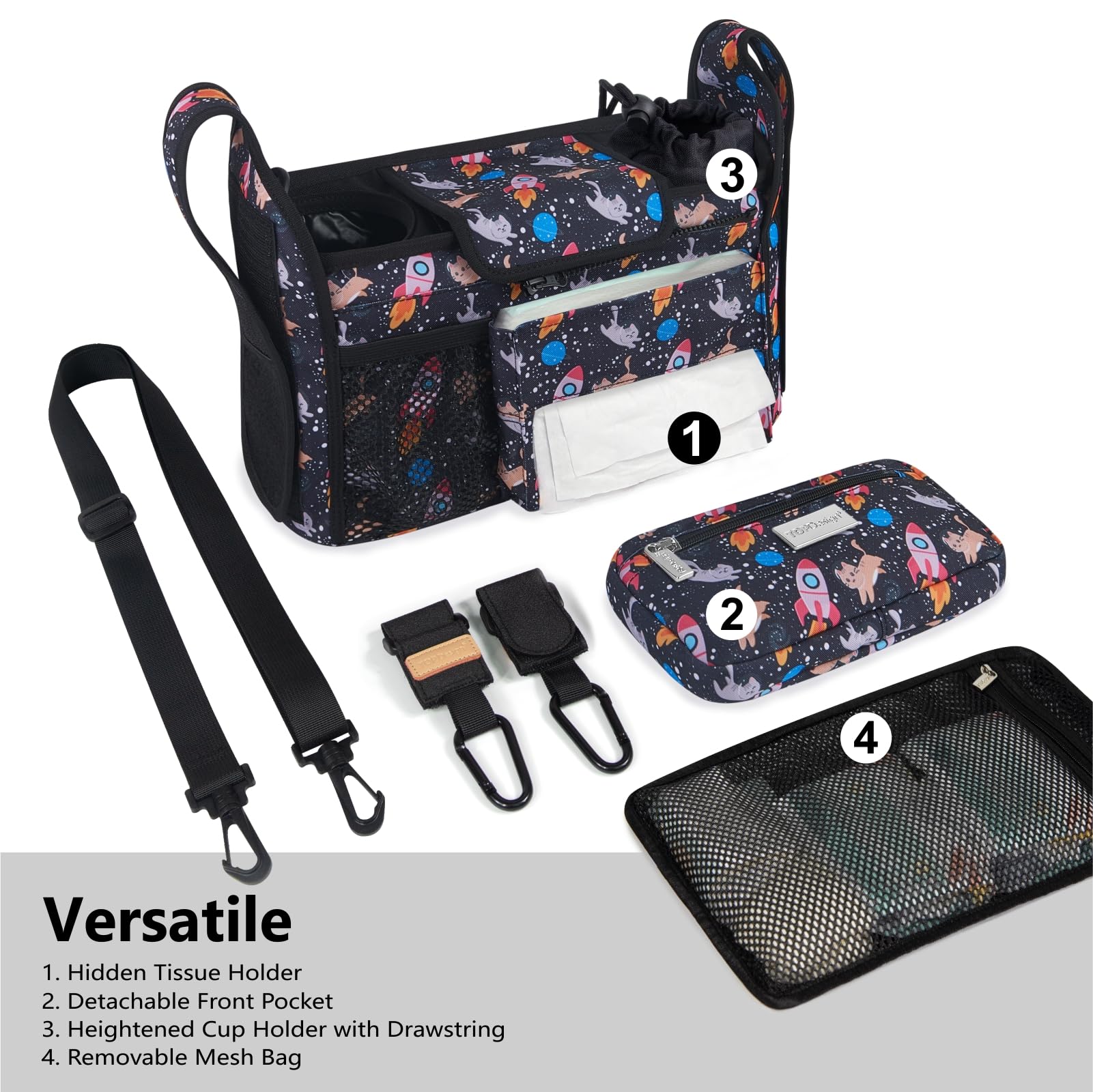 TOPDesign Universal Baby Stroller Organizer, Stroller Caddy with Detachable Mesh Bag & Heightened Insulated Cup Holders & Non-Slip Secure Hooks Accessories, Fits Most Strollers (Checkerboard)