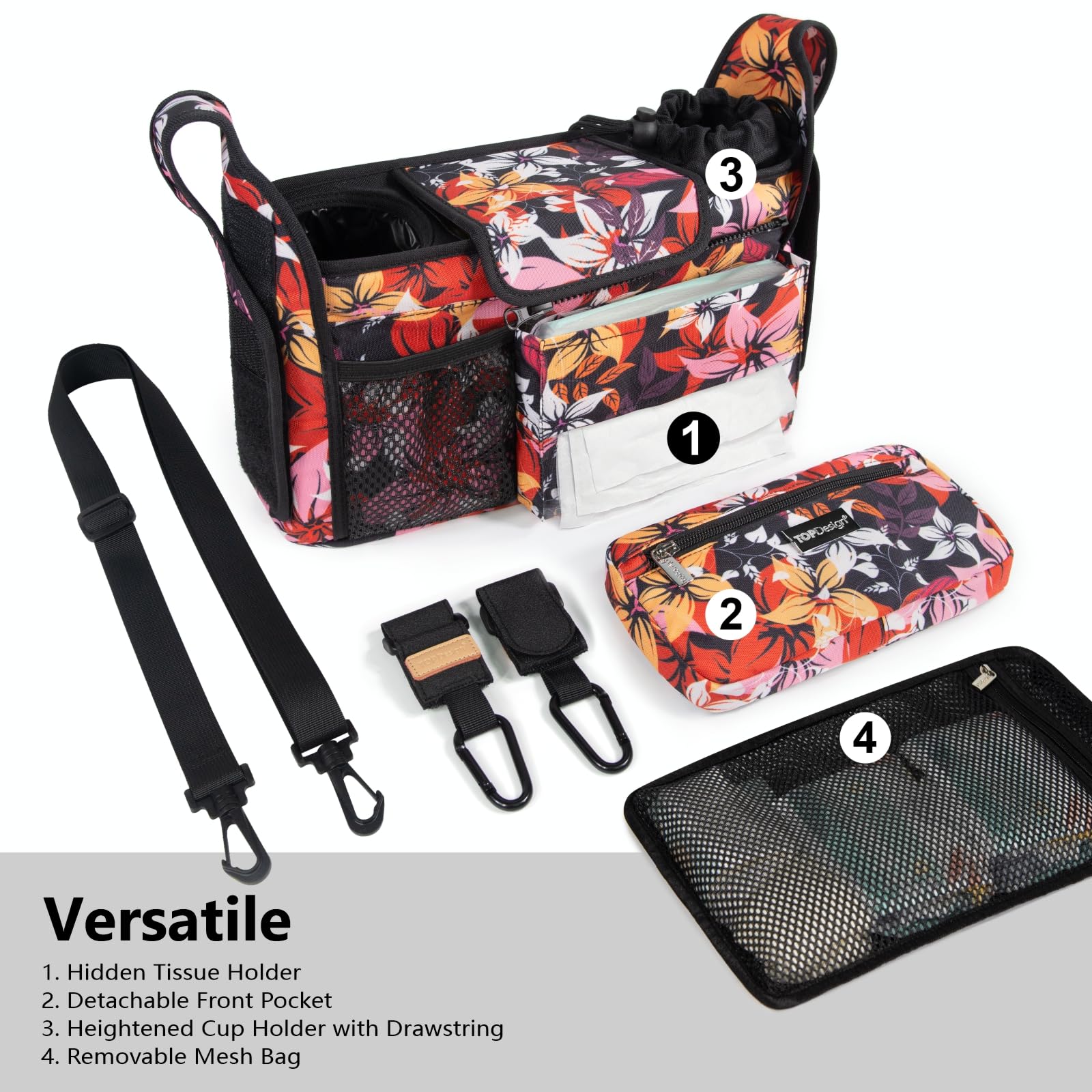 TOPDesign Universal Baby Stroller Organizer, Stroller Caddy with Detachable Mesh Bag & Heightened Insulated Cup Holders & Non-Slip Secure Hooks Accessories, Fits Most Strollers (Checkerboard)