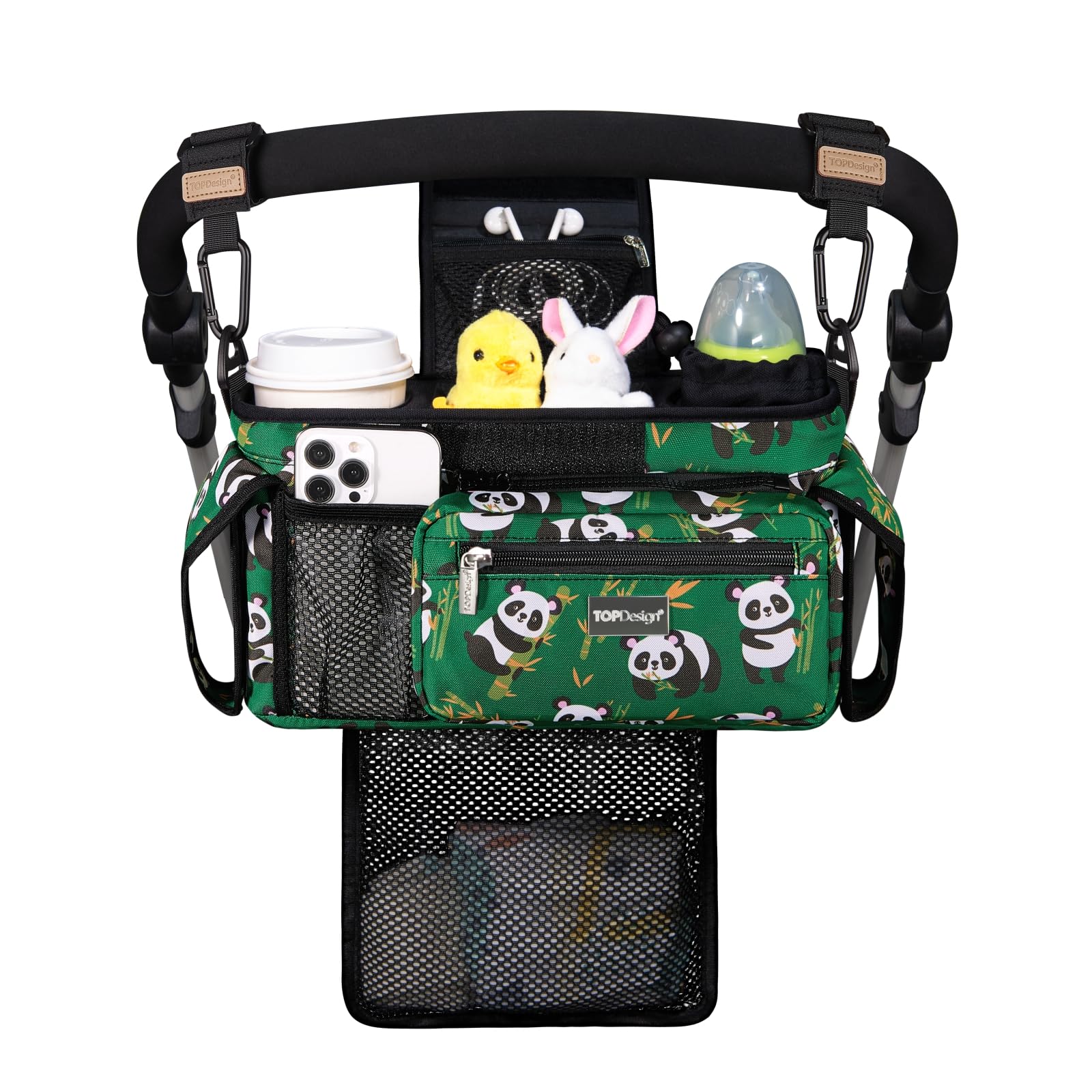 TOPDesign Universal Baby Stroller Organizer, Stroller Caddy with Detachable Mesh Bag & Heightened Insulated Cup Holders & Non-Slip Secure Hooks Accessories, Fits Most Strollers (Checkerboard)