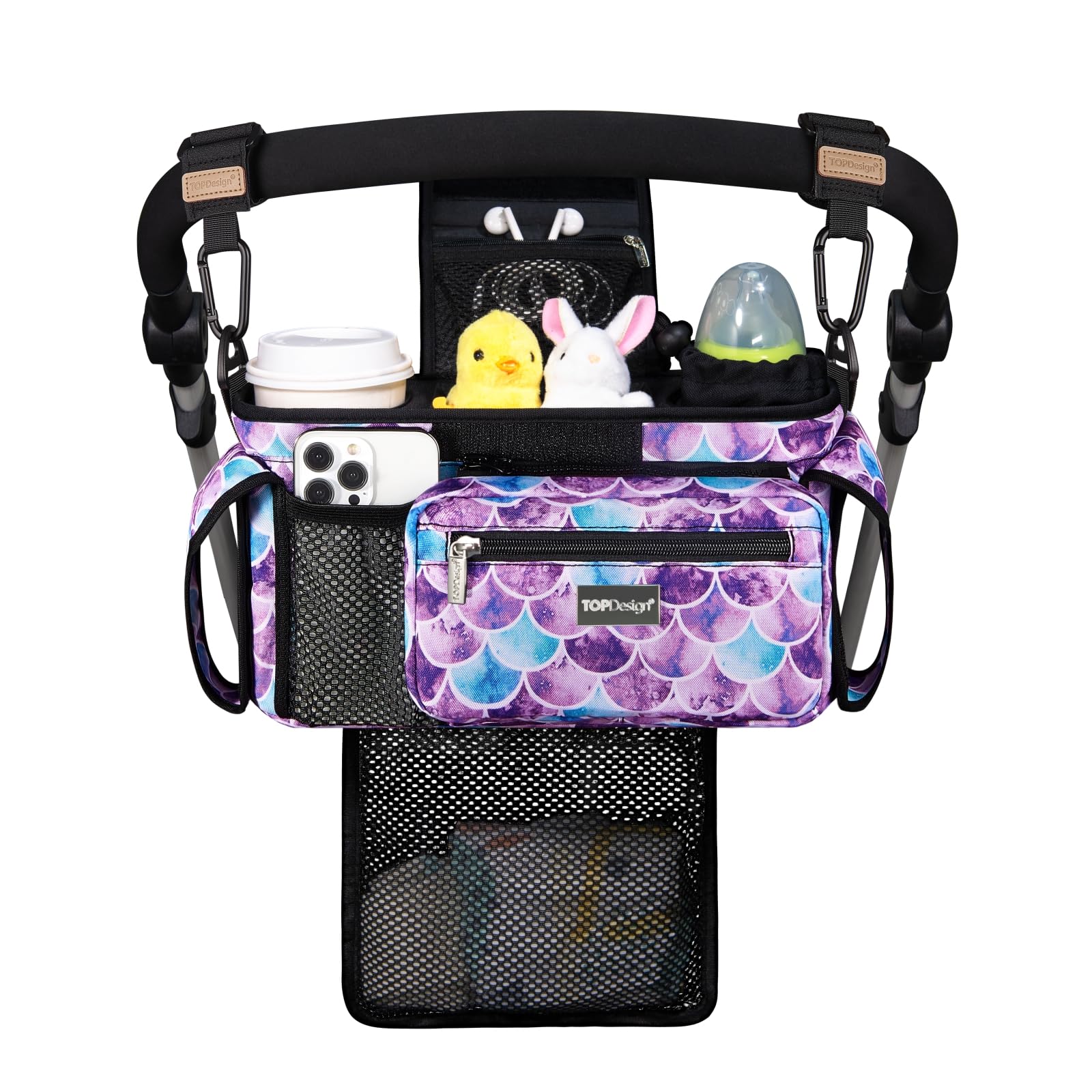 TOPDesign Universal Baby Stroller Organizer, Stroller Caddy with Detachable Mesh Bag & Heightened Insulated Cup Holders & Non-Slip Secure Hooks Accessories, Fits Most Strollers (Checkerboard)