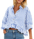 Cicy Bell Womens Cropped Striped Button Down Shirts Ruffle 3/4 Length Sleeve Summer Tops Dressy Casual Blouses