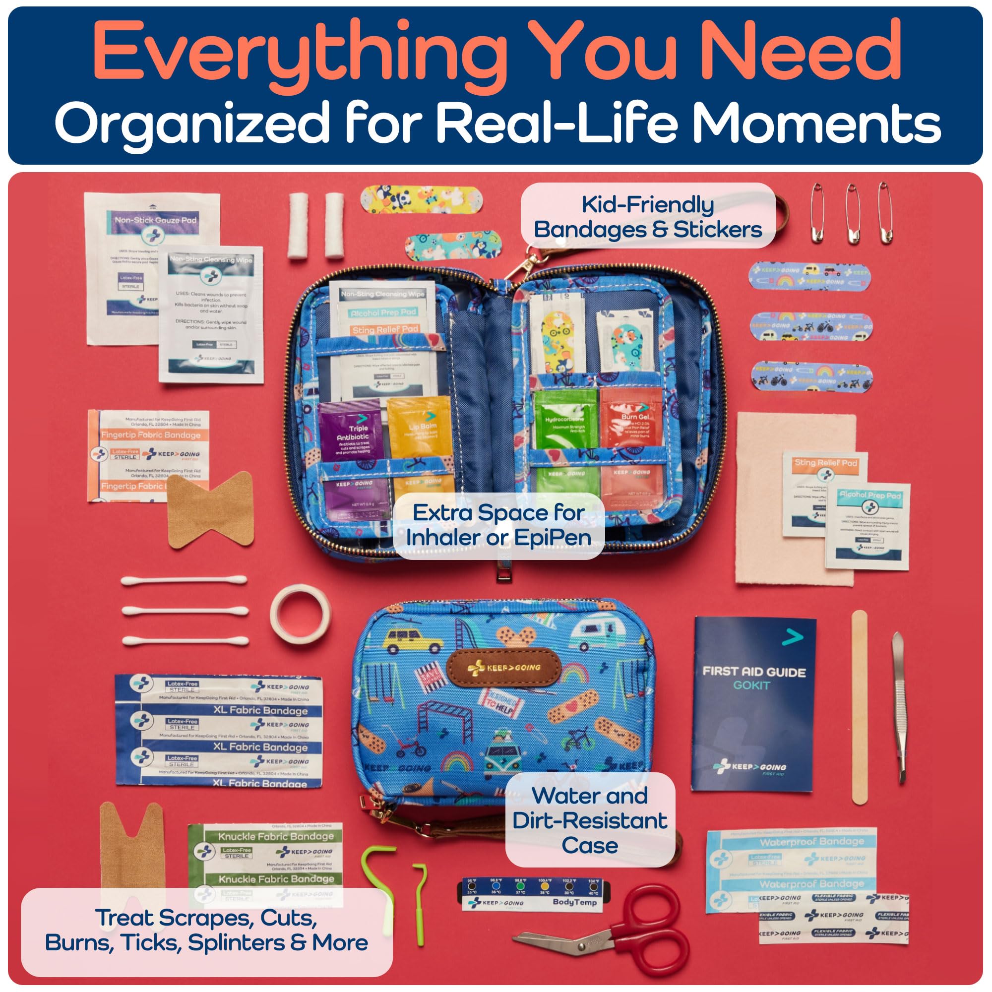 Keep Going Travel First Aid Kit for Kids – 130 Pc.for Purse, Diaper Bag, Backpack, & Suitcase, with Latex-Free Bandages – 7 x 5 x 2 in. Travel First Aid Kit TSA-Approved
