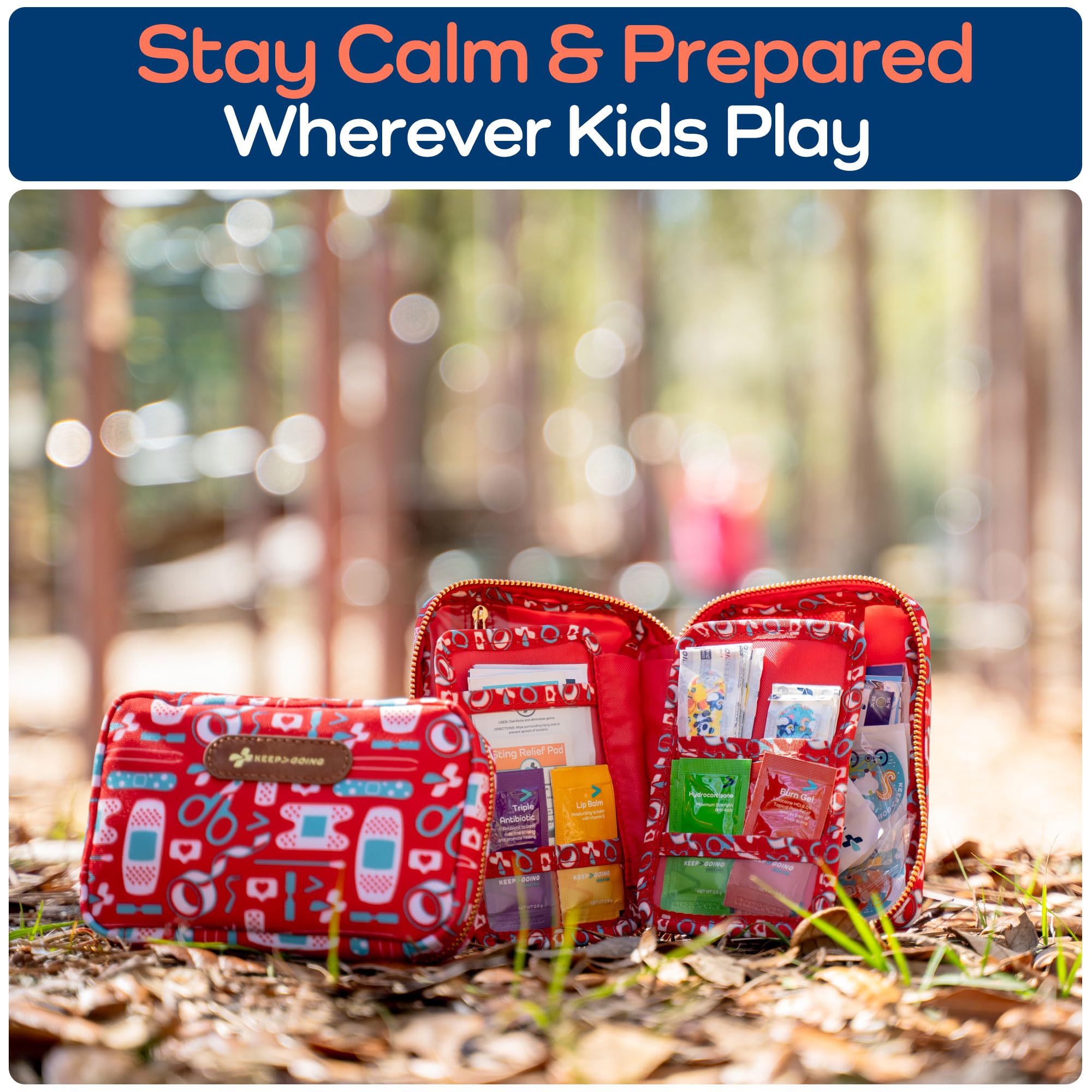 Keep Going Travel First Aid Kit for Kids – 130 Pc.for Purse, Diaper Bag, Backpack, & Suitcase, with Latex-Free Bandages – 7 x 5 x 2 in. Travel First Aid Kit TSA-Approved